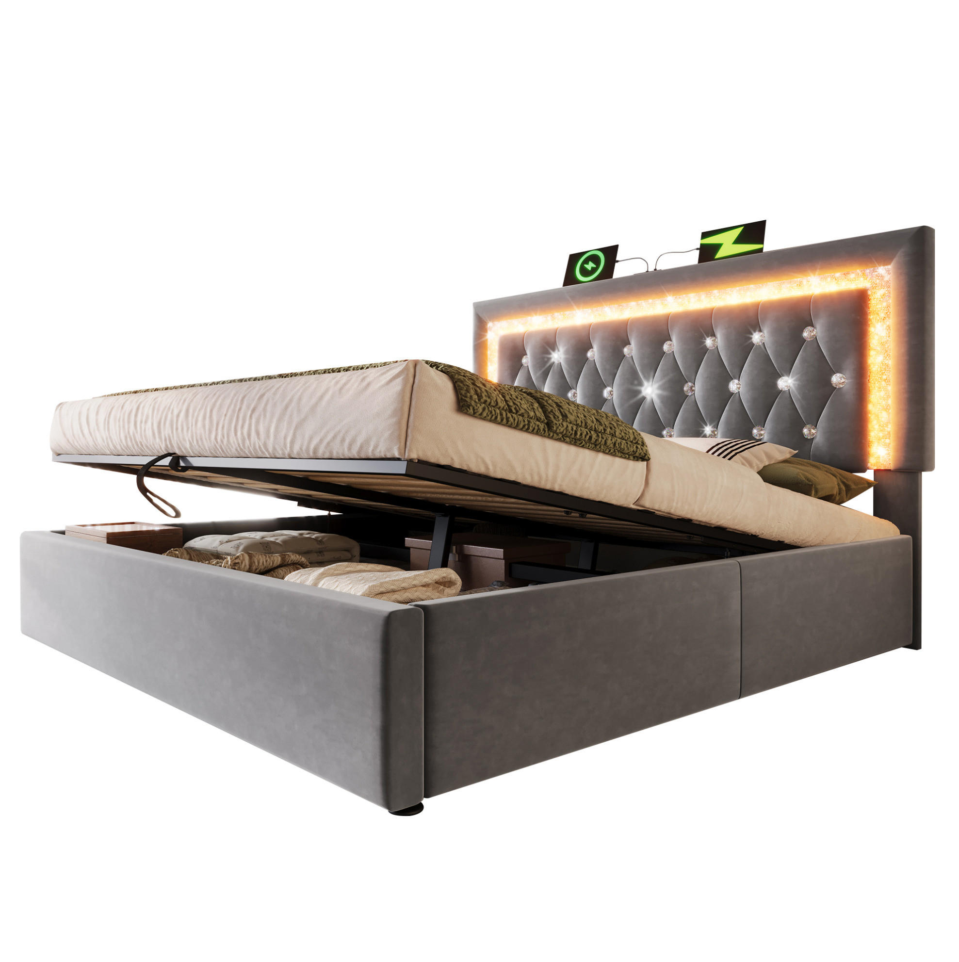 Redom ČALOUNĚNÁ postel 160/200 cm s LED osvětlením, USB a USB-C nabíjením, hydraulickým úložným prostorem, Šedá