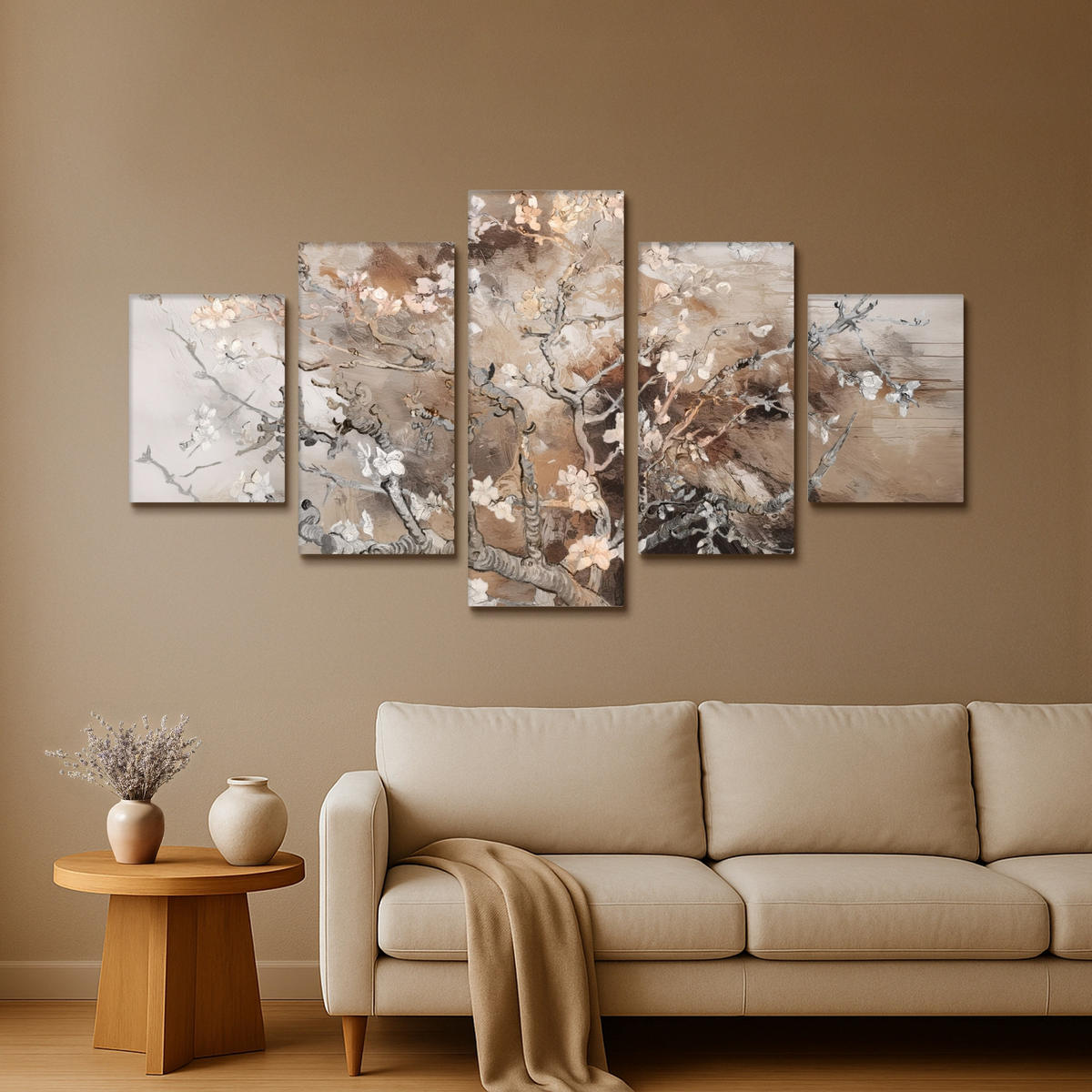 LEINWANDBILD 5er Set Mandelblüte - Abstrakt - Beige 150x80 cm - Beige, Textil (150/80cm) - MuchoWow