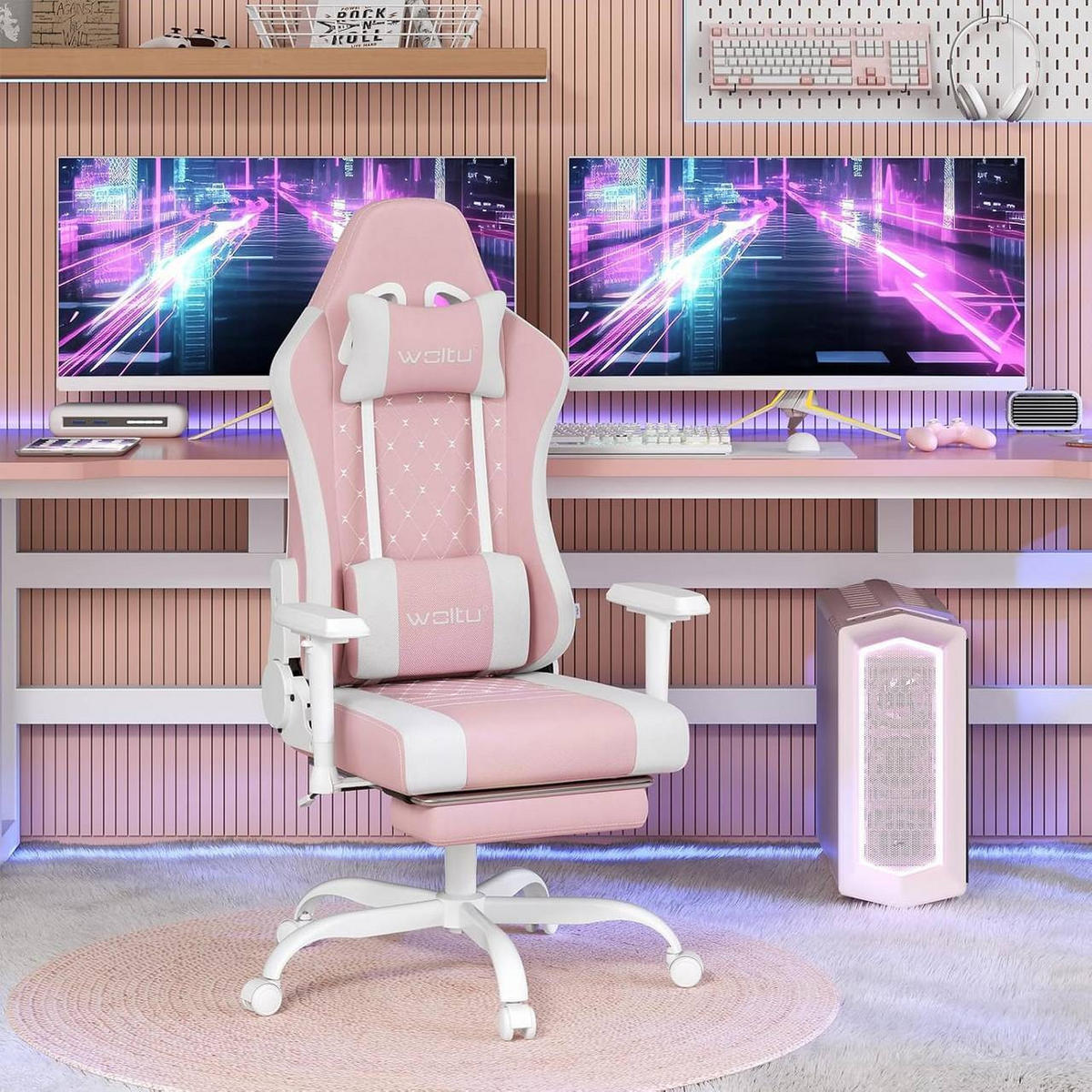 GAMINGSTUHL mit Lendenkissen, Massagefunktion, Rosa+Weiß - Weiß/Rosa, Textil/Metall (70/129/57.5cm) - Woltu