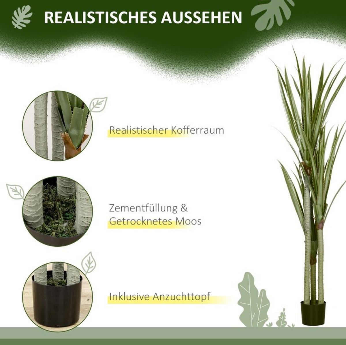 KUNSTPFLANZEN Yucca 17/17/190 cm grün aus Kunststoff pflegeleicht - Grün, Kunststoff (190cm) - OKWISH