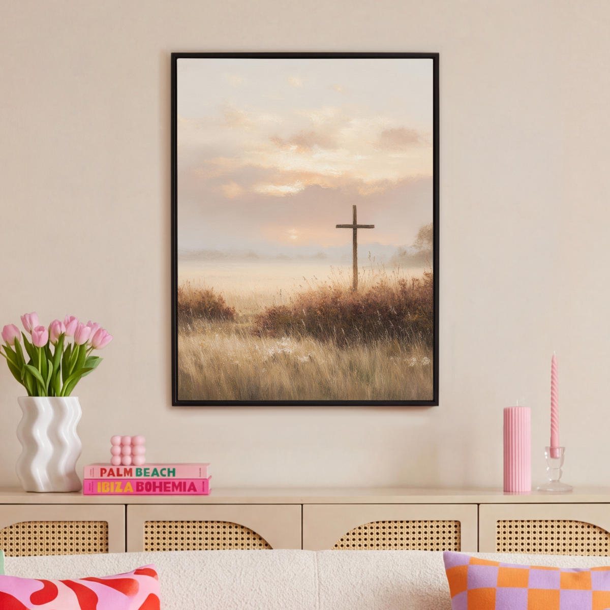 LEINWAND Bilder mit Rahmen - Gras - Morgennebel - Kreuz - Christentum - 70x100 - Beige, Textil (70/100cm) - MuchoWow