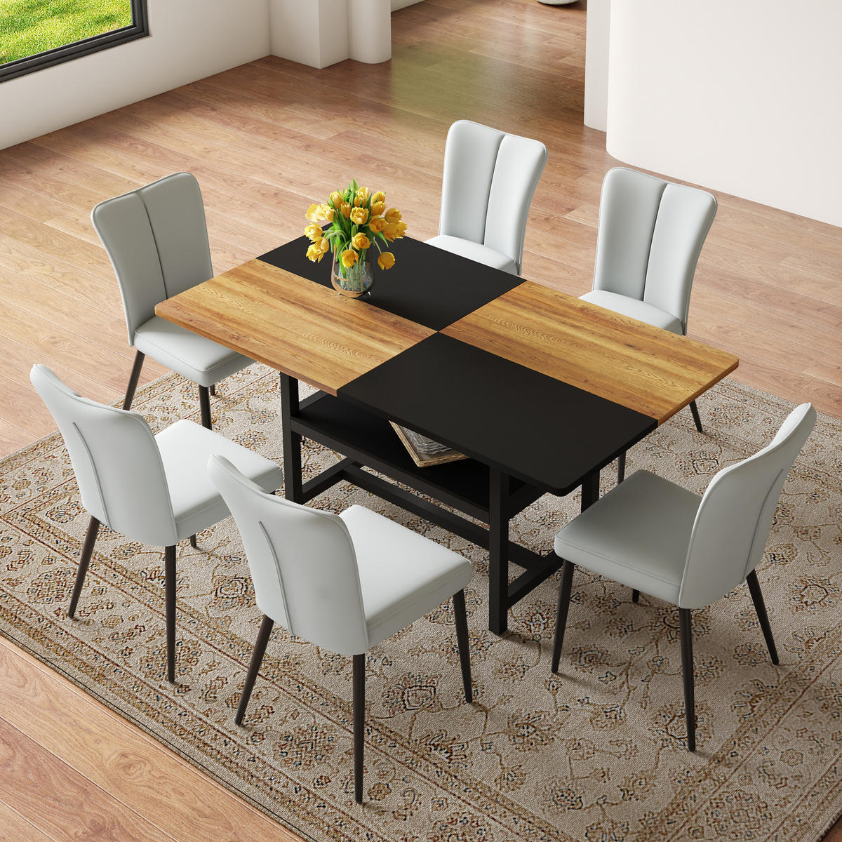ESSGRUPPE DE-39364 7-teilig, mit 6 PU-Sesseln Hellgrau - Hellgrau, Holzwerkstoff (160/76/90cm) - ComfortXL