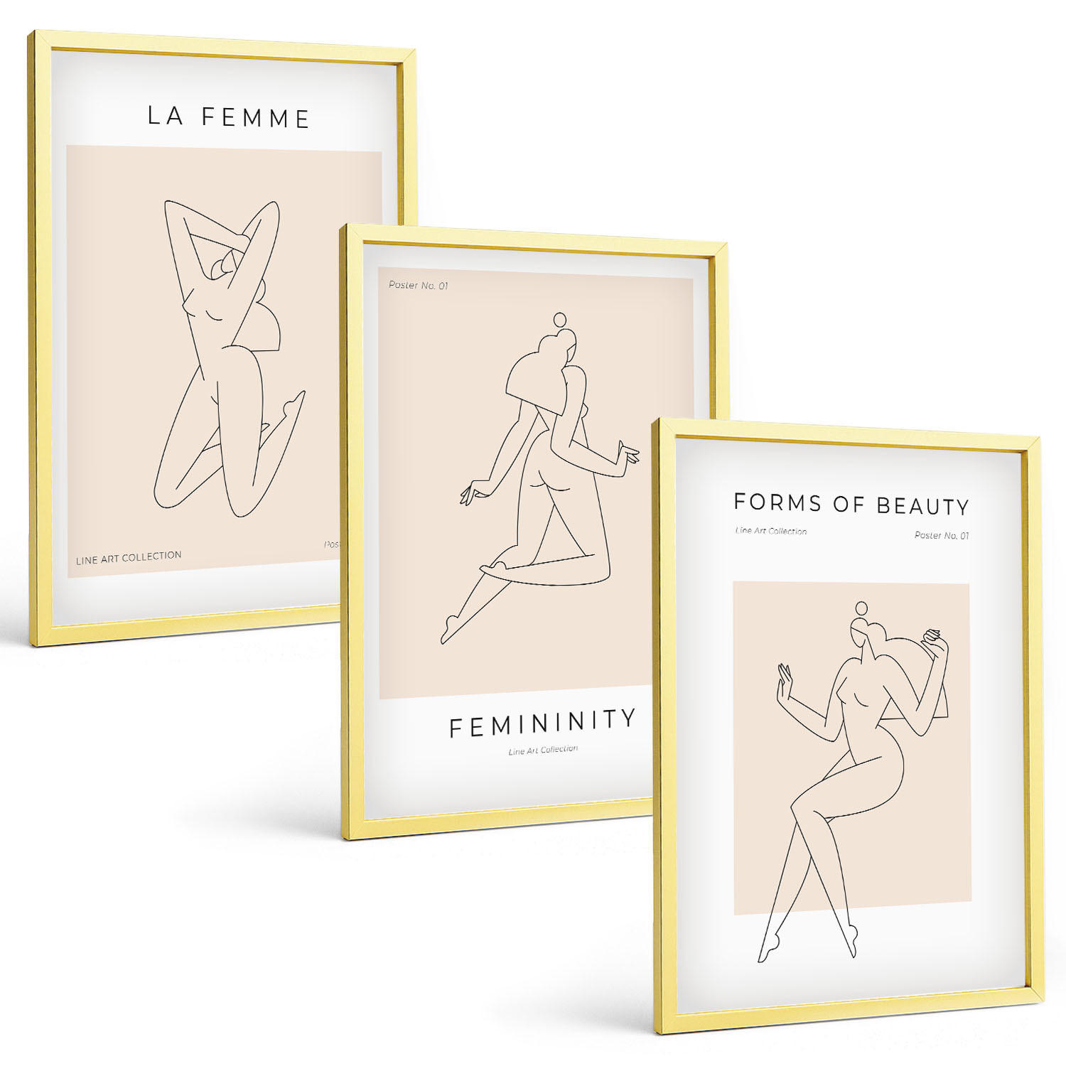 BILDER SET 3er Set - 40x60 cm Goldrahmen - Poster mit minimalistischen Frauensilhouetten - Goldfarben, Kunststoff (40/60cm) - TULUP