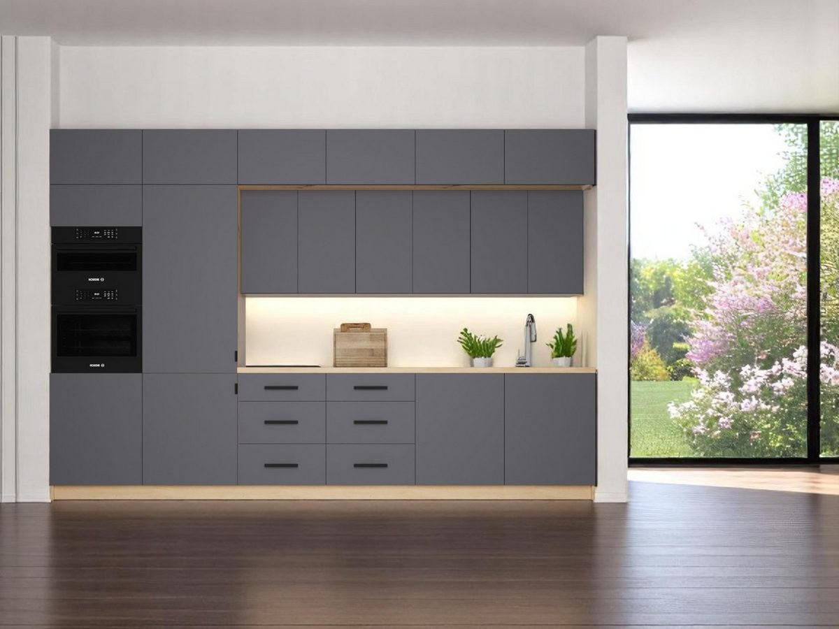 KÜCHENZEILE 360 cm - Langen K72-M360 in Grau/Matt - Schwarz/Grau, Holz/Metall (360/248/58cm)