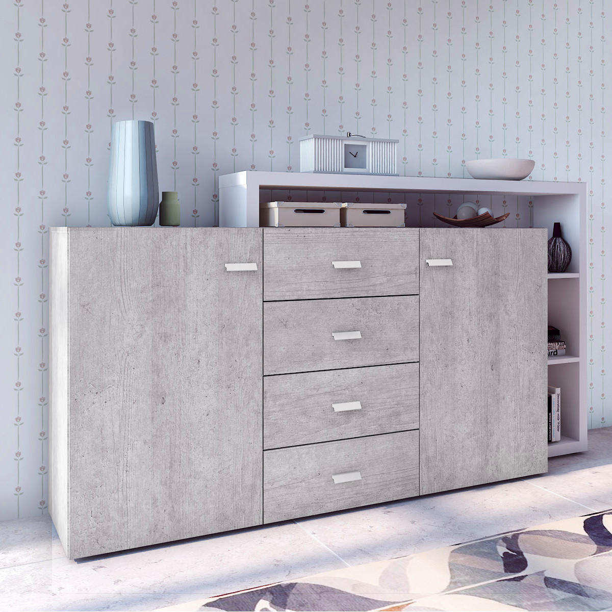 SIDEBOARD Ilyes Weiß und Beton - Weiß, Holzwerkstoff (180/98/37cm) - Petits-meubles