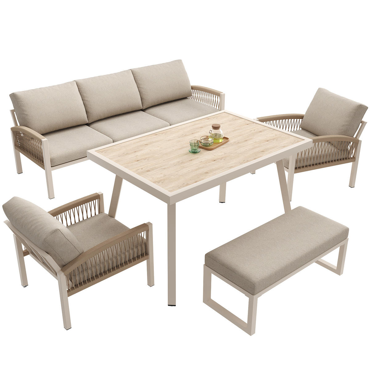 GARTENSET 7 Personen Mit Armlehnen Beige Inkl. Tisch & 2 Sesseln - Beige, Metall - FLIEKS