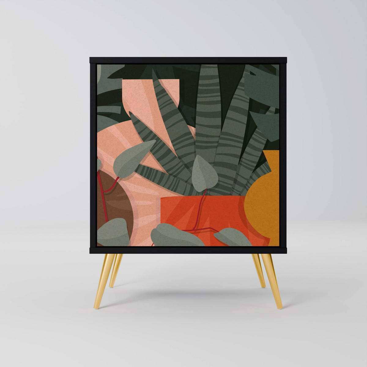 SIDEBOARD TROPICAL COMPOSITION, Schwarz, 57,5x42x75,5 cm, Goldfarbene Metallfüße - Goldfarben/Multicolor, Holzwerkstoff/Metall (57.5/75.5/42cm) - SpaceRebels