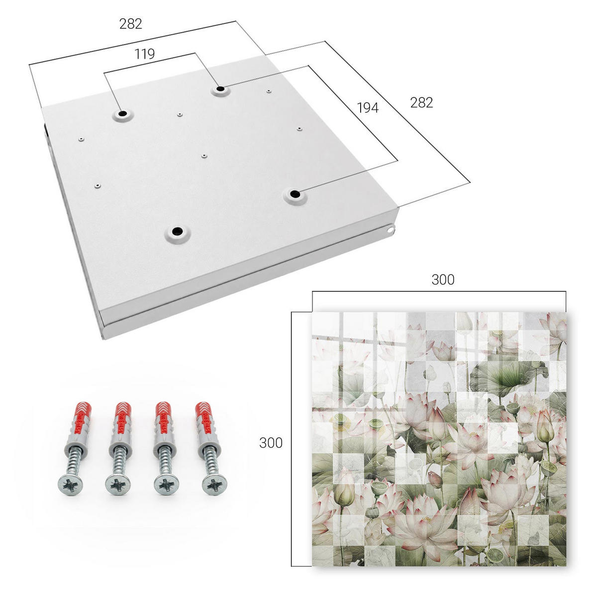 SCHLÜSSELBOX Weiß 30x30 cm – Türöffnung nach rechts - Geometrische Lilien - Grün, Metall (30/30/5cm) - TULUP