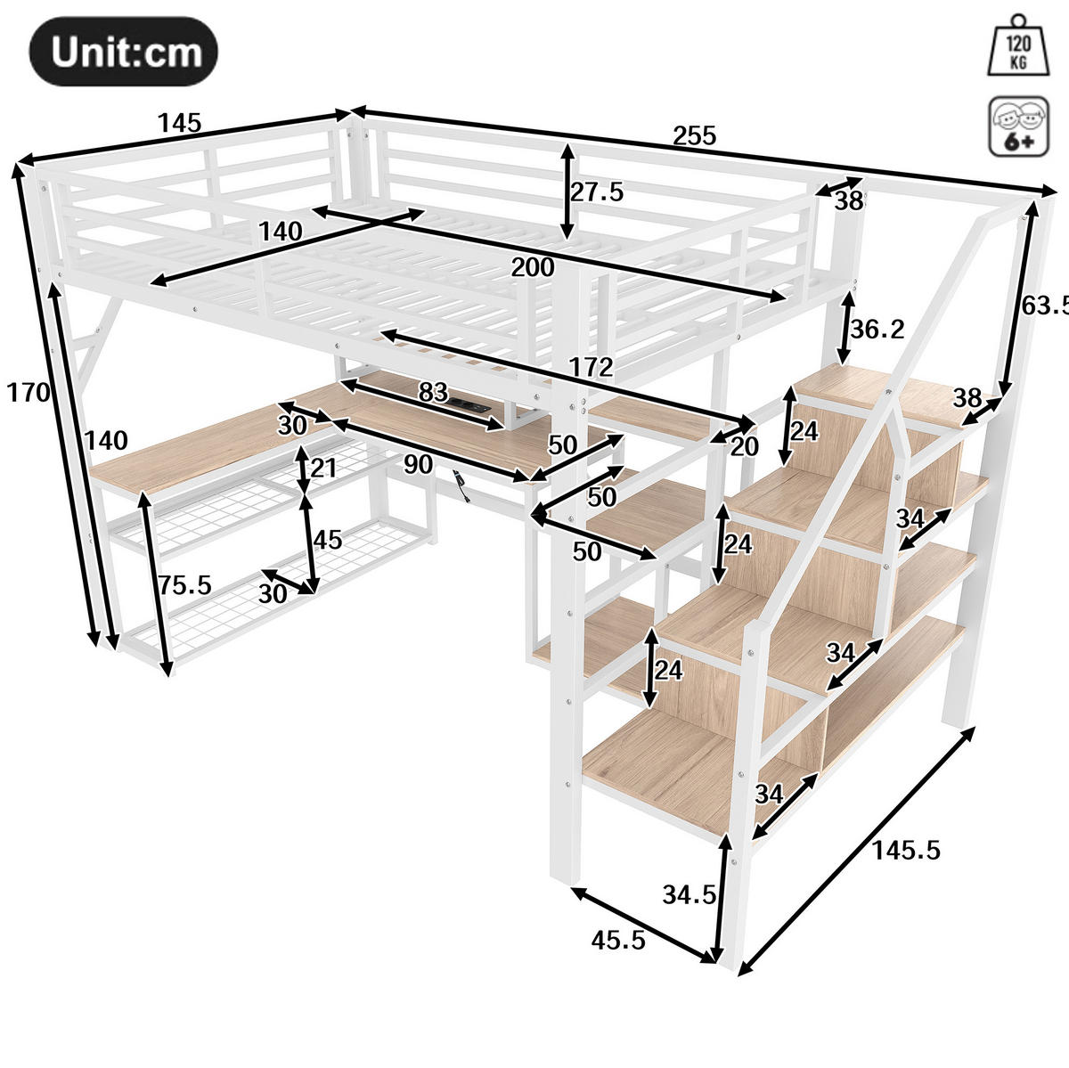 HOCHBETT 140/200 cm, Weiß mit Schreibtisch, LED-Streifen und USB-Anschluss - Weiß, Metall (140/200cm) - MIVRAY