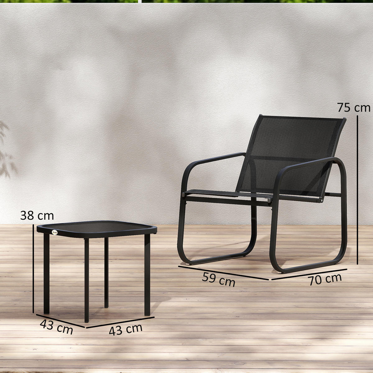 BALKONSET 3-teilig DE-14140 2 Mesh-Stühle, Glastisch Schwarz - Schwarz, Metall - ComfortXL