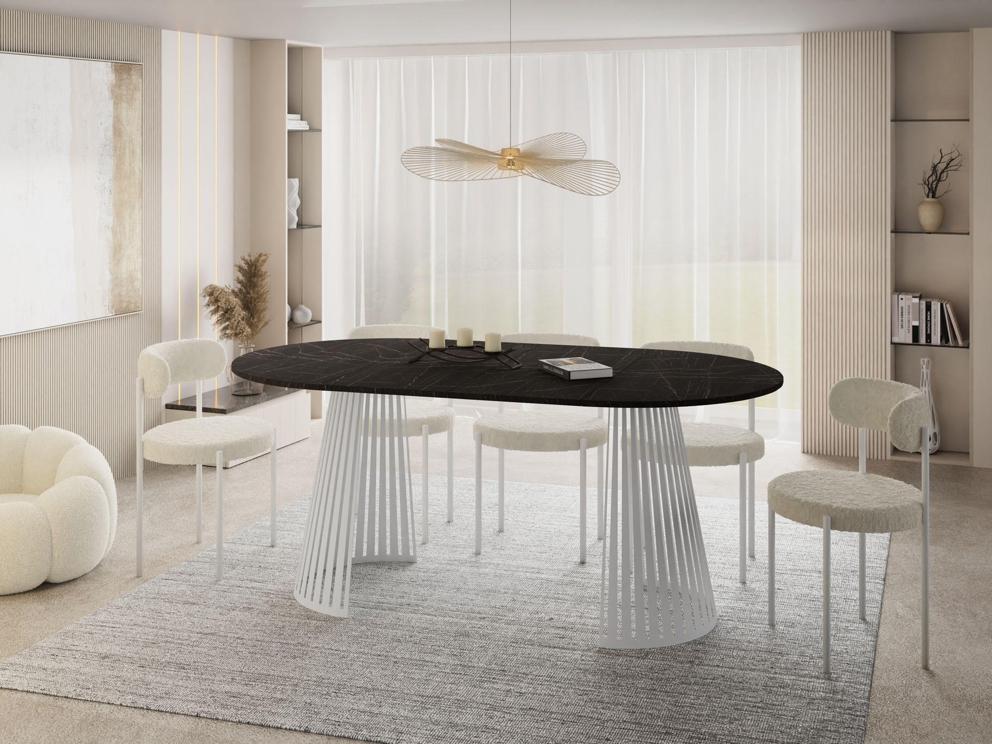 ESSTISCH Naro rund ausziehbar mit Weißem Lamellen-Metallgestell, Marmor Schwarz 120-200/120/76 cm - Anthrazit/Weiß, Holzwerkstoff/Metall (120/120/76cm) - WFL GROUP