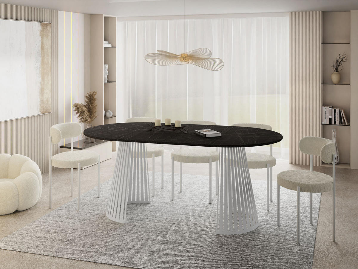 ESSTISCH Naro rund ausziehbar mit Weißem Lamellen-Metallgestell, Marmor Schwarz 100-180/100/76 cm - Anthrazit/Weiß, Holzwerkstoff/Metall (100/100/76cm) - WFL GROUP