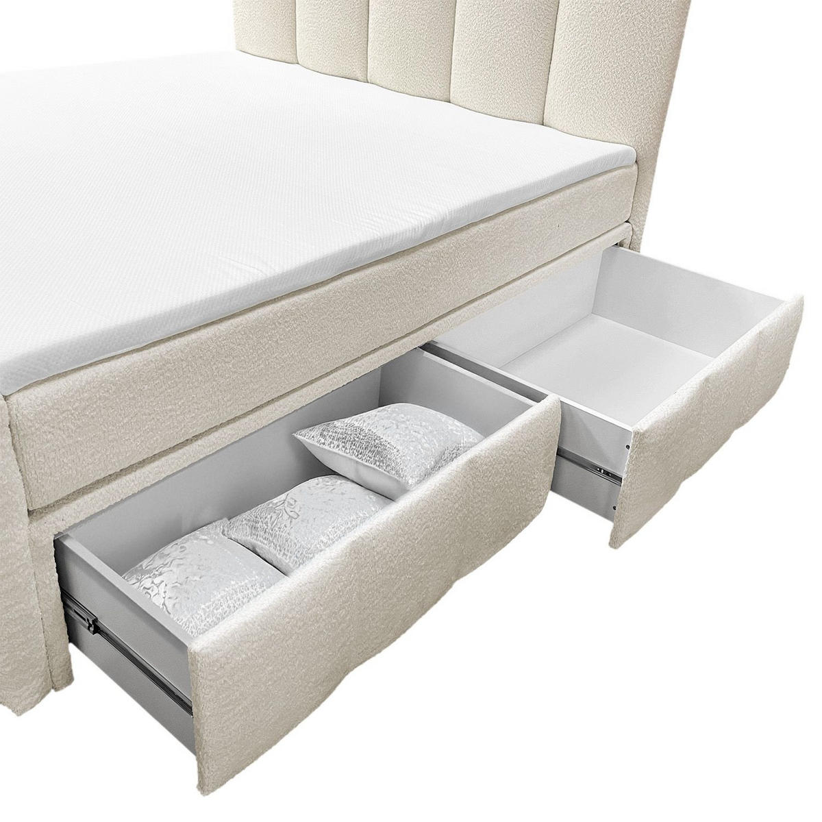 BOXBETT Manitoba 180/200 cm Bouclé Creme mit Bettkasten - Creme, Textil (180/200cm) - Juskys