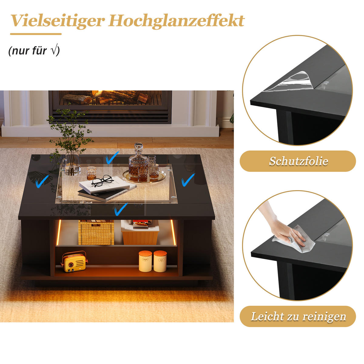 COUCHTISCH in Schwarz mit Glasplatte und LED-Beleuchtung für Wohnzimmer, B70/T70/H30 cm - Schwarz, Glas/Holzwerkstoff (70/70/30cm) - STILVORA