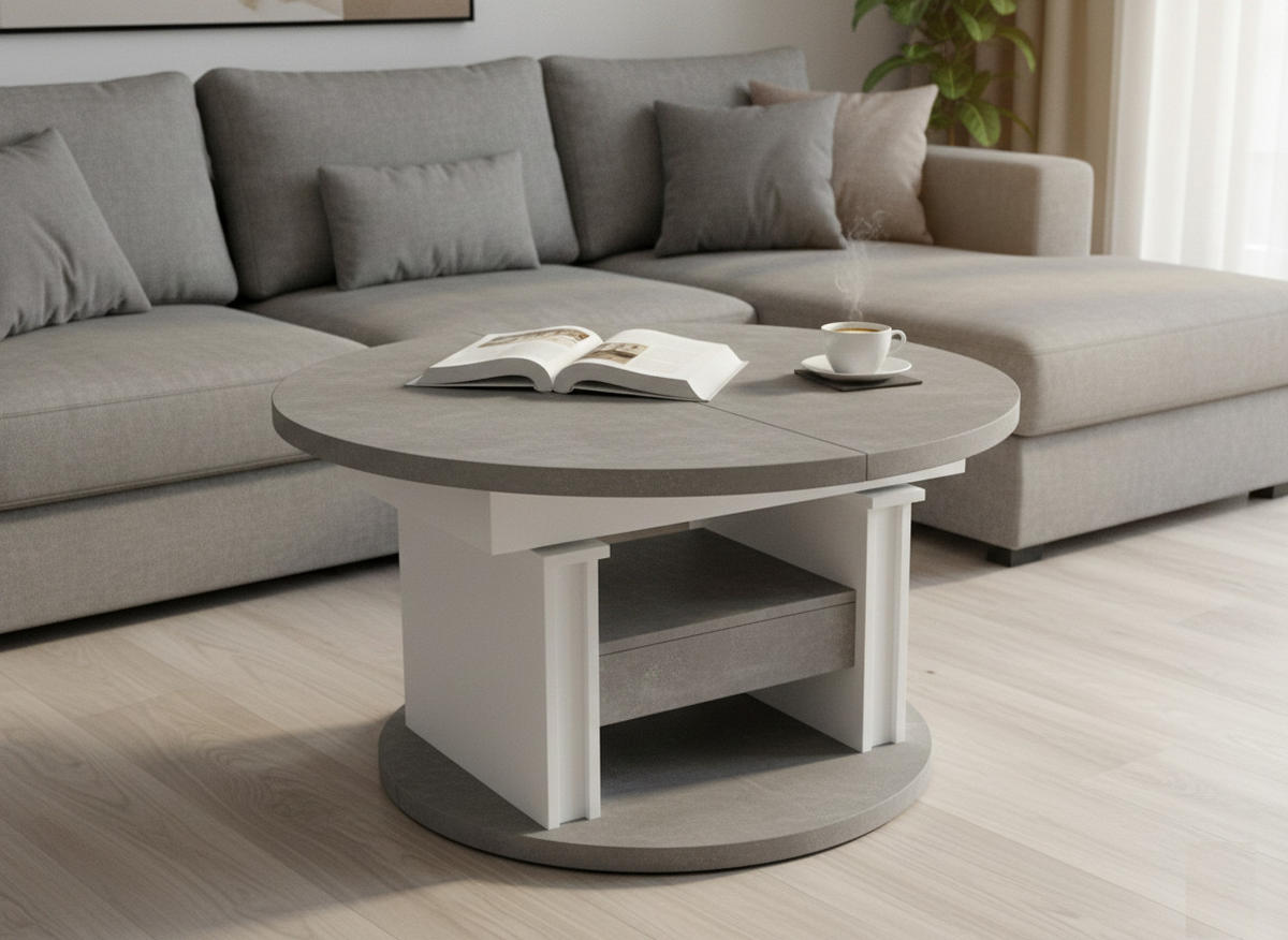 COUCHTISCH rund ausziehbar höhenverstellbar Schubalde 100/100/60 cm - Hellgrau/Weiß, Holzwerkstoff (100/100/60cm) - designimpex