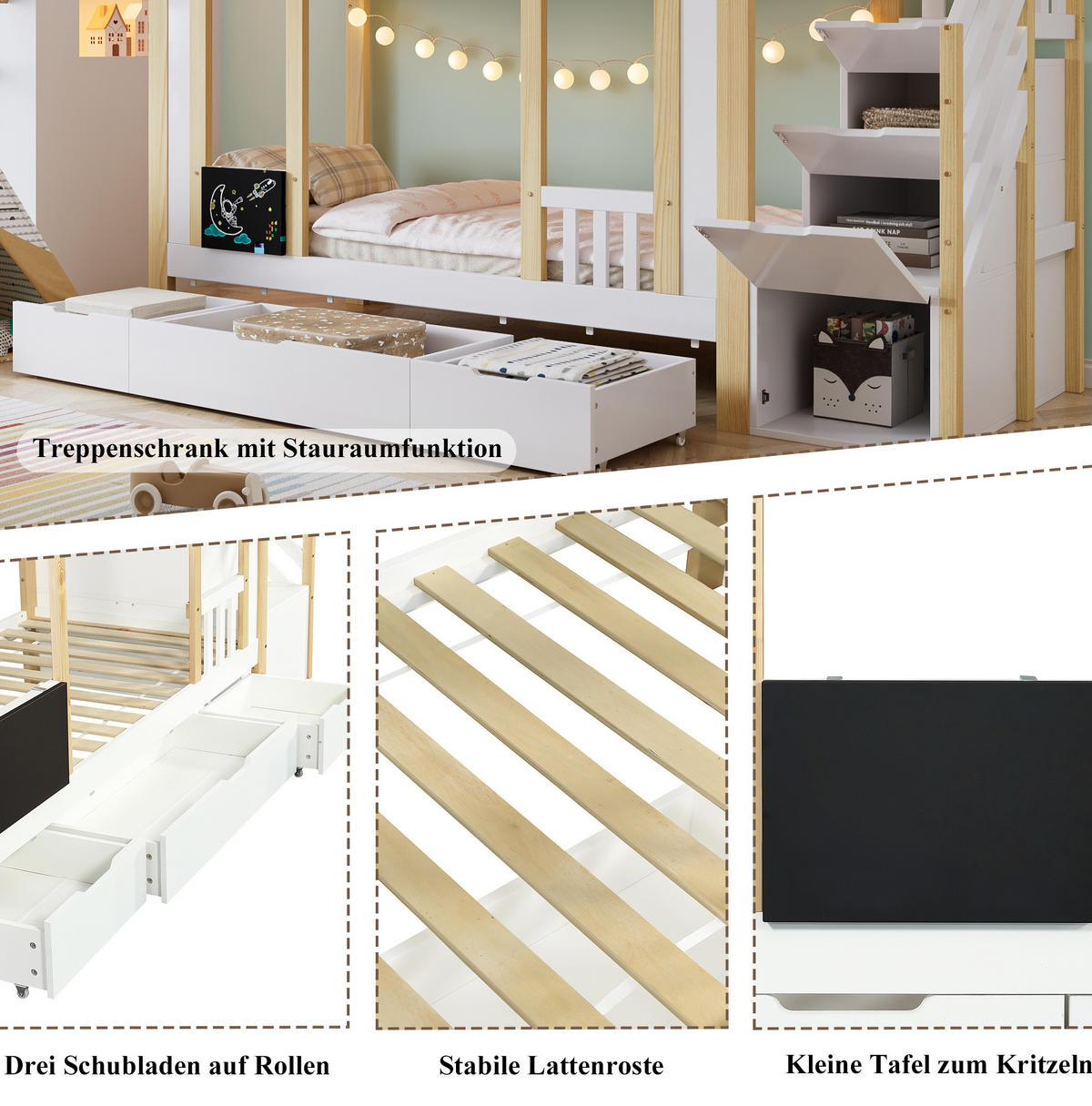 ETAGENBETT 90/200 cm mit Treppenschrank, 3 Rollschubladen und Tafel, Weiß/Natur - Weiß, Holzwerkstoff (90/200cm) - Redom