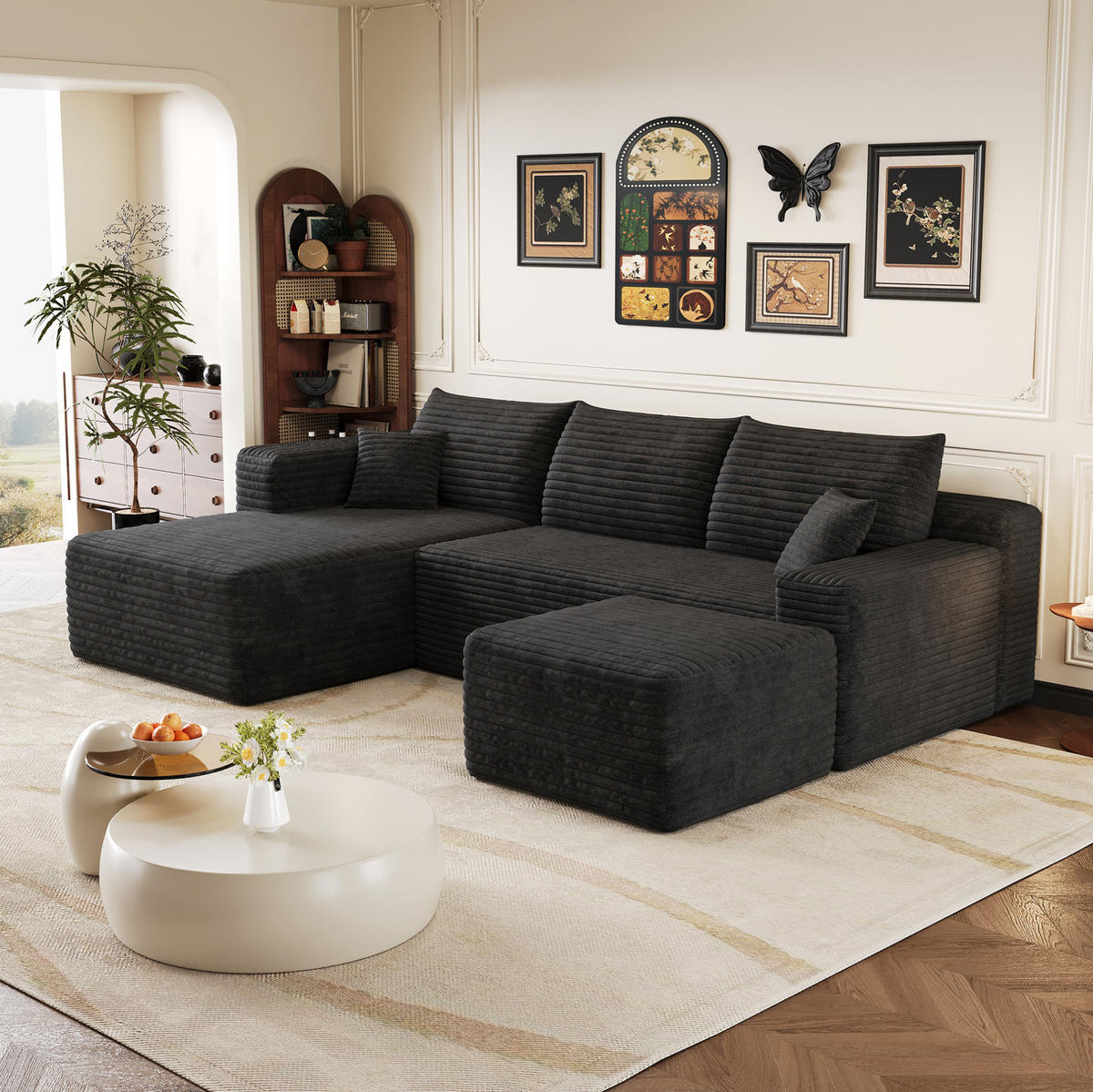 ECKSOFA 241 cm aus Stoff mit Cordbezug und Chaiselongue Schwarz - Schwarz, Textil (151/241cm) - Modenvie