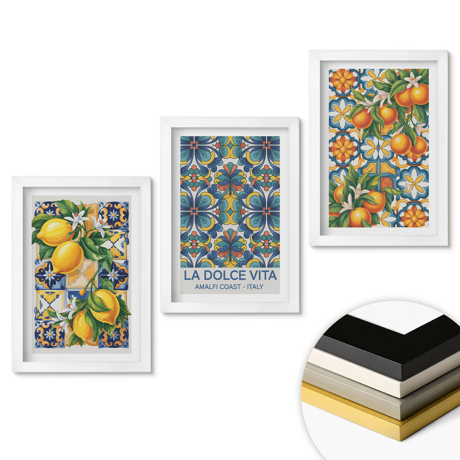 WANDBILDER 3er-Set - 20x30 cm Weißer Rahmen - Zitronen-Orangenblütenmuster - Weiß, Kunststoff (20/30cm) - ArtPrintCave