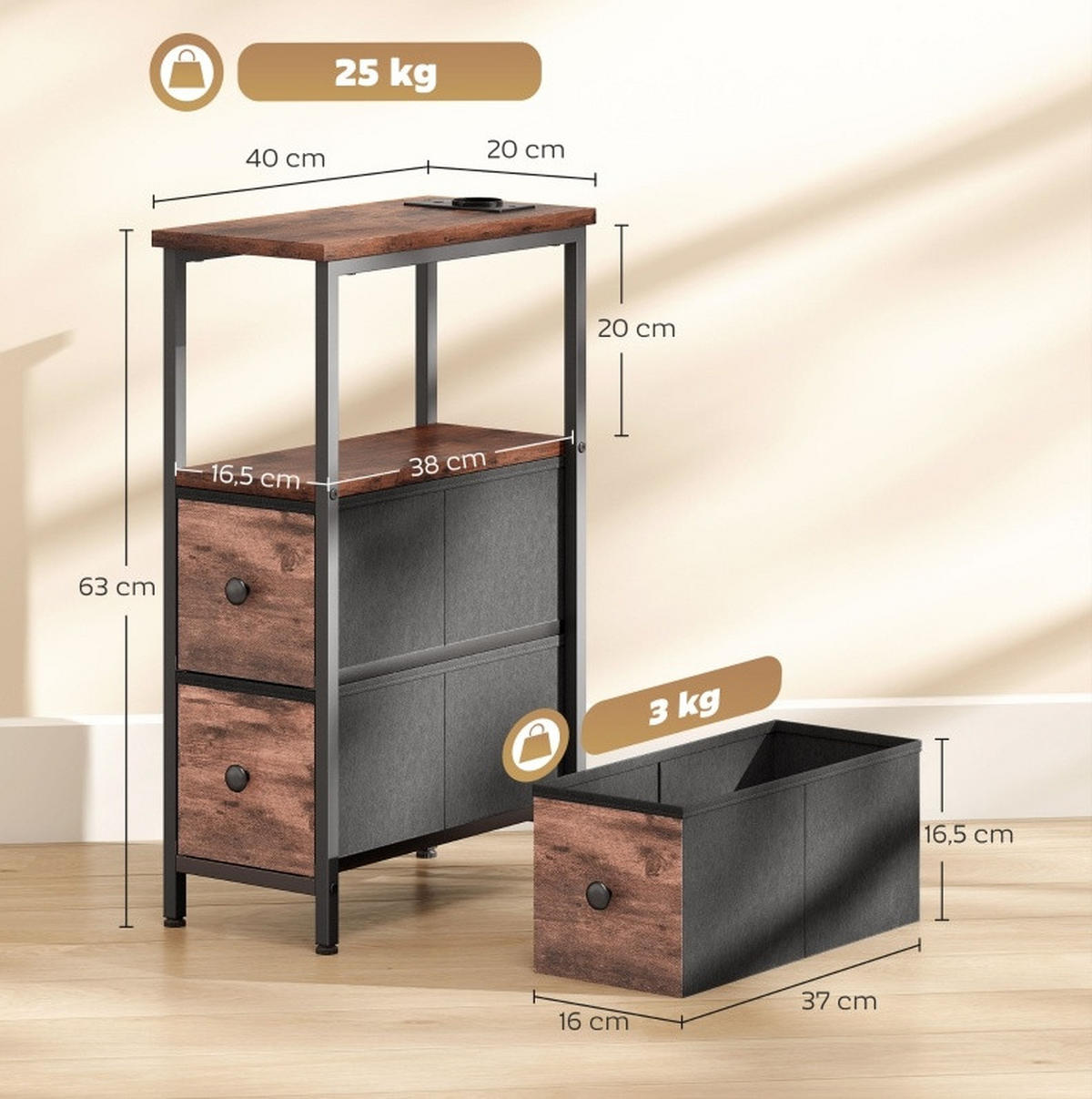 BEISTELLTISCH aus Holz 20x40x63 cm Rustikalbraun mit Ladestation, 2 Stoffschubladen und offenem Fach - Braun, Holz (40/20/63cm) - Modfu