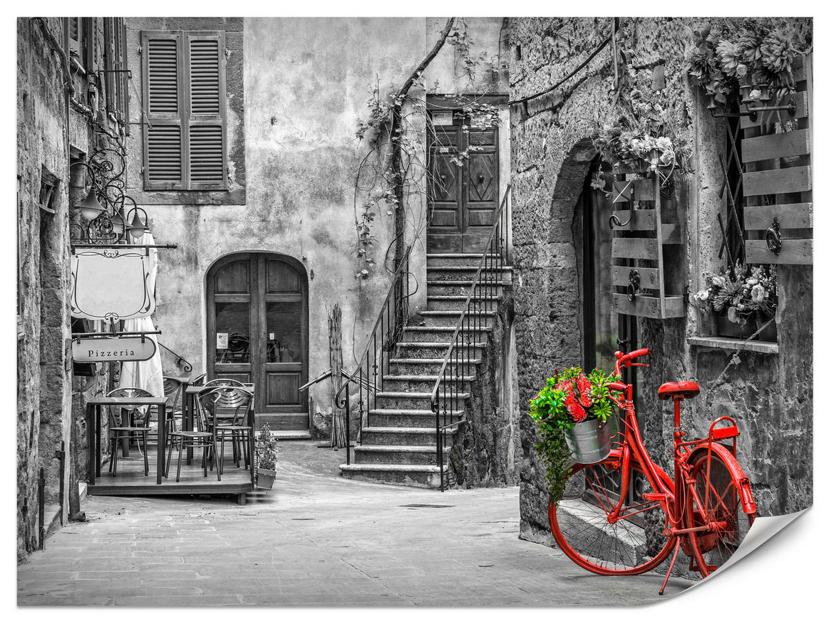 FOTOTAPETE für Wohnzimmer Italienische Gasse Rotes Fahrrad Toskana 150x105 - Rot/Schwarz, Papier (150/105cm) - Muralo