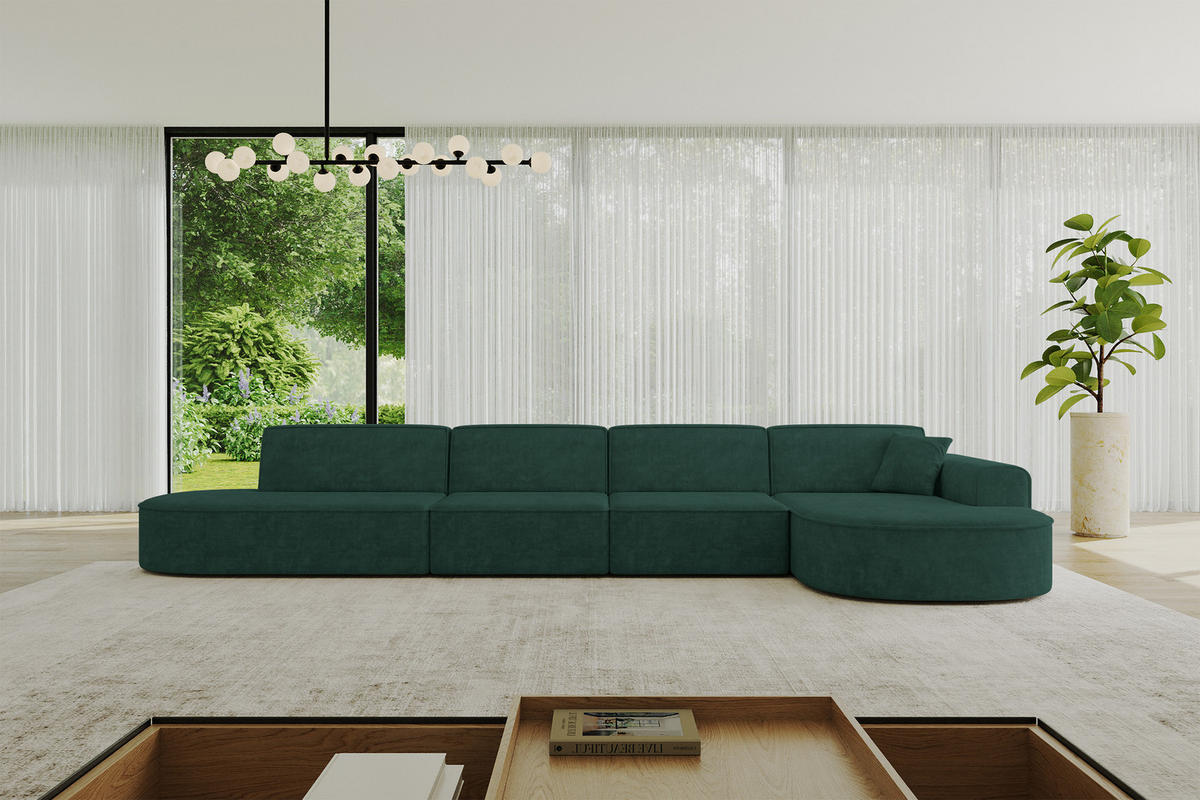 ECKSOFA Ottomane Rechts MARI-L3 - 413x171x79 cm Grün Velours - Schwarz/Grün, Holzwerkstoff/Kunststoff (171/413cm) - ALTDECOR