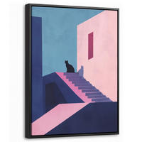 LEINWAND Bilder mit Rahmen - Katze - Treppe - Gebäude - Schattenkontraste - 30x40 - Dunkelblau, Textil (30/40cm) - MuchoWow