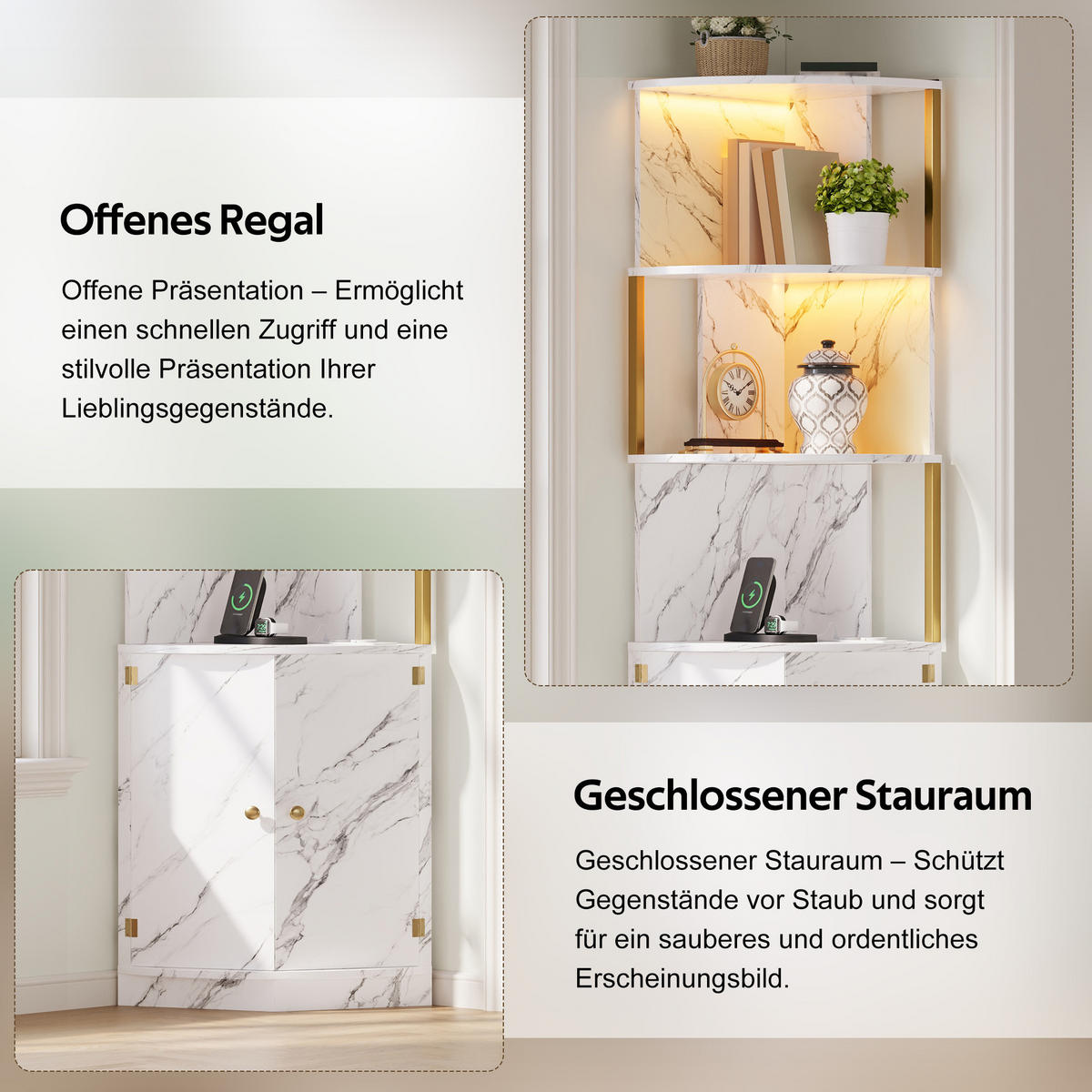 MEHRZWECKSCHRANK DE-38762 38/38/180 cm LED-Beleuchtung und 2 Türen Marmoroptik/Gold - Weiß, Holzwerkstoff (38/180/38cm) - ComfortXL