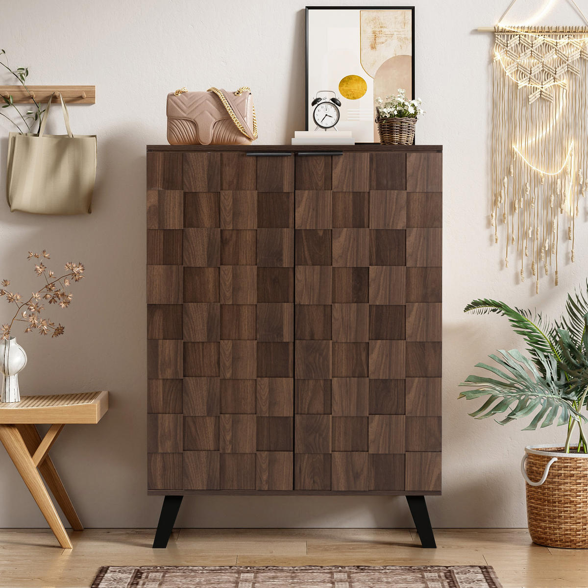 SCHUHSCHRANK 80cm 5 Fächer Holzmaserung verstellbar modern - Naturfarben, Holzwerkstoff (35.5/110/80cm) - FLIEKS