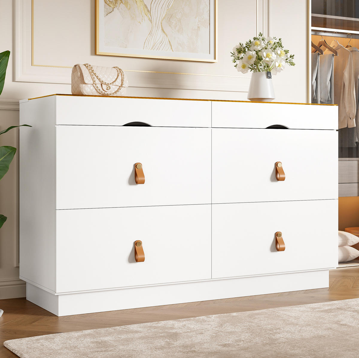 KOMODA z MDF a skla 120x40x78 cm biela so 6 zásuvkami, sklenenou doskou a členitým úložným priestorom - biela, sklo (120/78/40cm) - Modfu