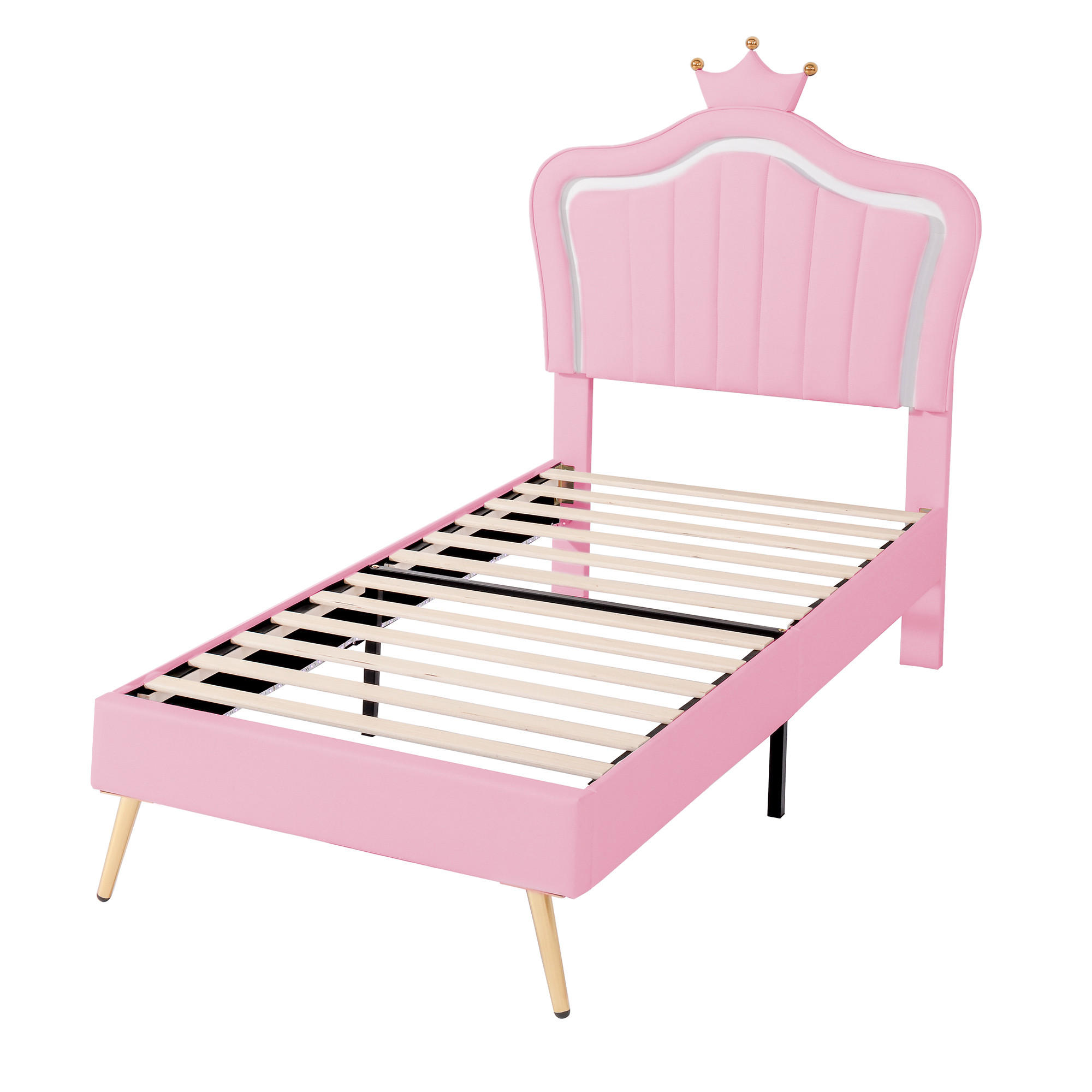 KINDERBETT 90/200 cm DE-04083, mit Kronen-Design, LED und Lattenrost, in Rosa - Pink, Holzwerkstoff/Metall (90/200cm) - ComfortXL