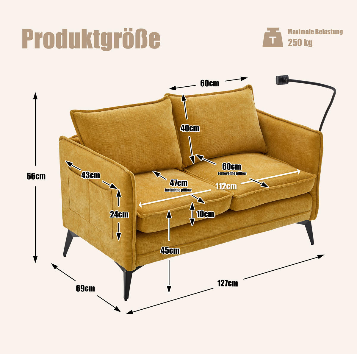2-SITZER-SOFA aus Chenille 127x69x66 cm Gelb mit Handyhalter und Seitentaschen, kompakt für kleine Wohnräume - Gelb, Textil (69/66/127cm) - Modfu