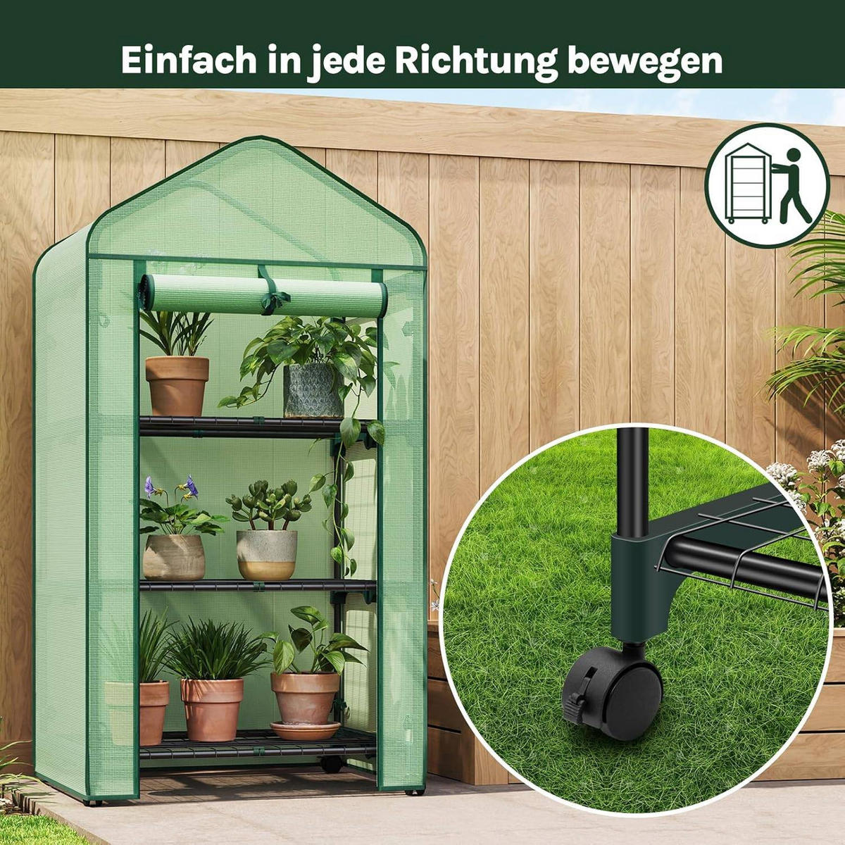 GEWÄCHSHAUS mit Rollen, Foliengewächshaus mit 3 Regalen - Grün, Textil/Metall (70/131/50cm) - Woltu