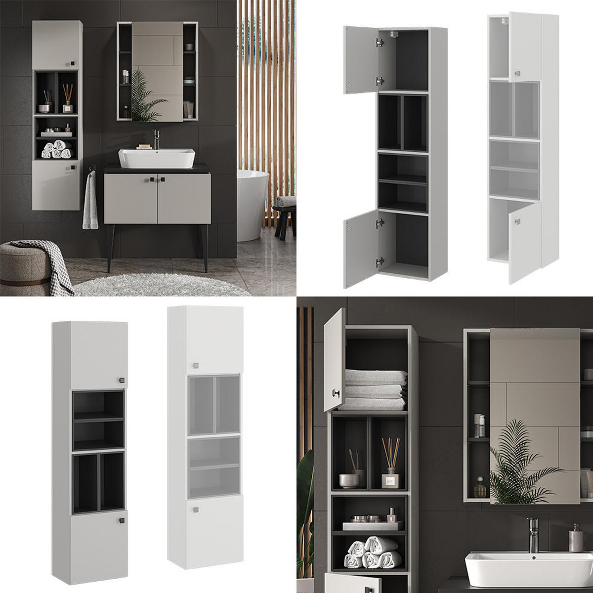BADSCHRANK Gerta Grau 37.5 x 150 cm mit Tür und offenen Fächern - Grau, Holzwerkstoff (37.5/150/26cm) - Vicco