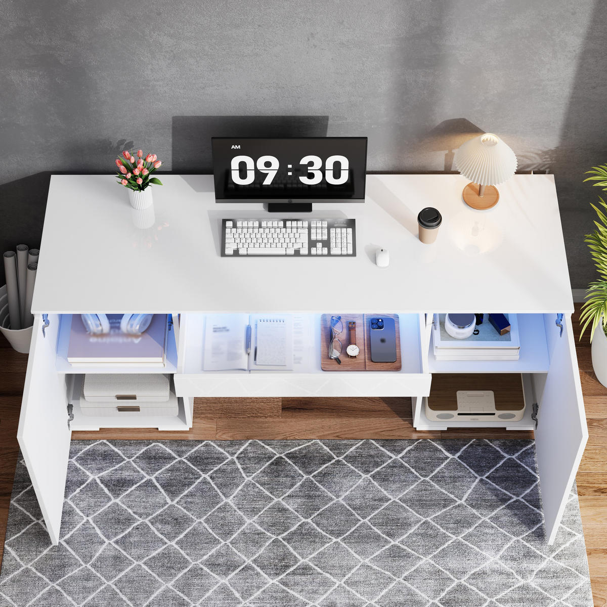 SCHREIBTISCH Weiß Hochglanz 140/50/78 cm mit LED-Beleuchtung und Schublade - Weiß, Holzwerkstoff (50/140/78cm) - PANGIVO