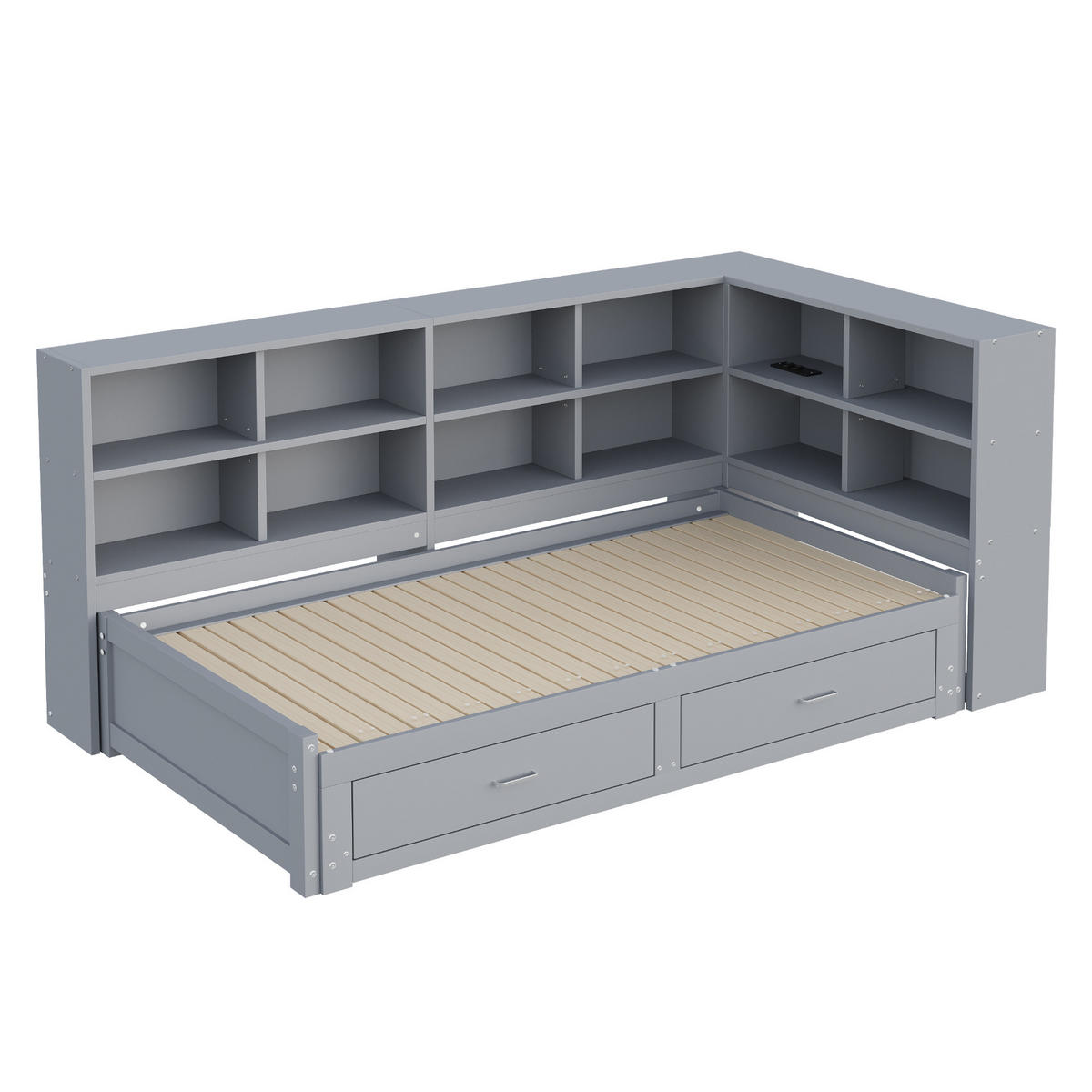 MULTIFUNKTIONSBETT 90/190 cm grau aus Holz mit Stauraum und Steckdose - Grau, Holzwerkstoff (90/190cm) - OKWISH