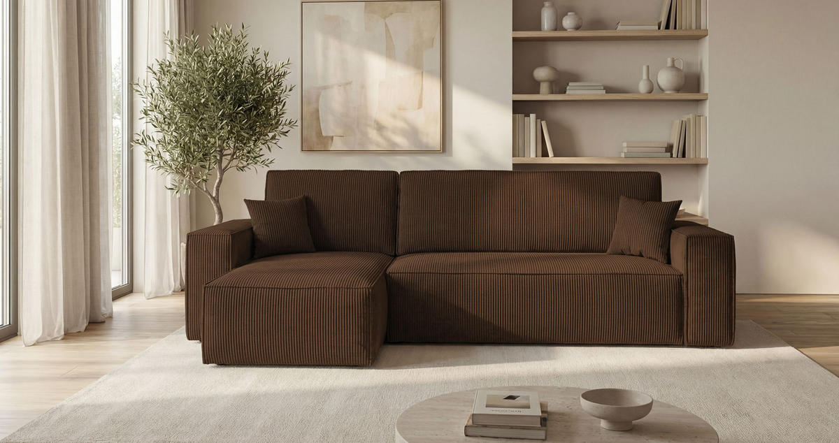 ROHOVÁ pohovka CALIFORNIA MINI levá hnědá manšestr Poso 6 - funkce spaní, úložný prostor - hnědá, textil (245/140cm) - Cornero
