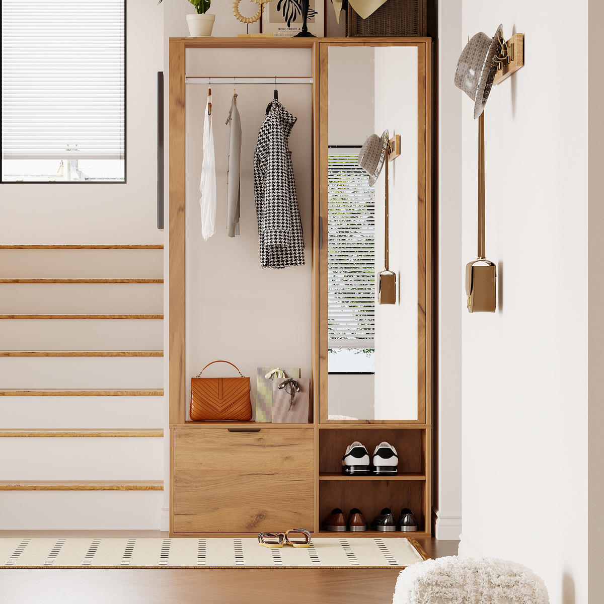 GARDEROBENSCHRANK 6 in 1 Spiegel 100cm Flur Holzfarbe - Naturfarben, Holzwerkstoff (100/190/33cm) - FLIEKS
