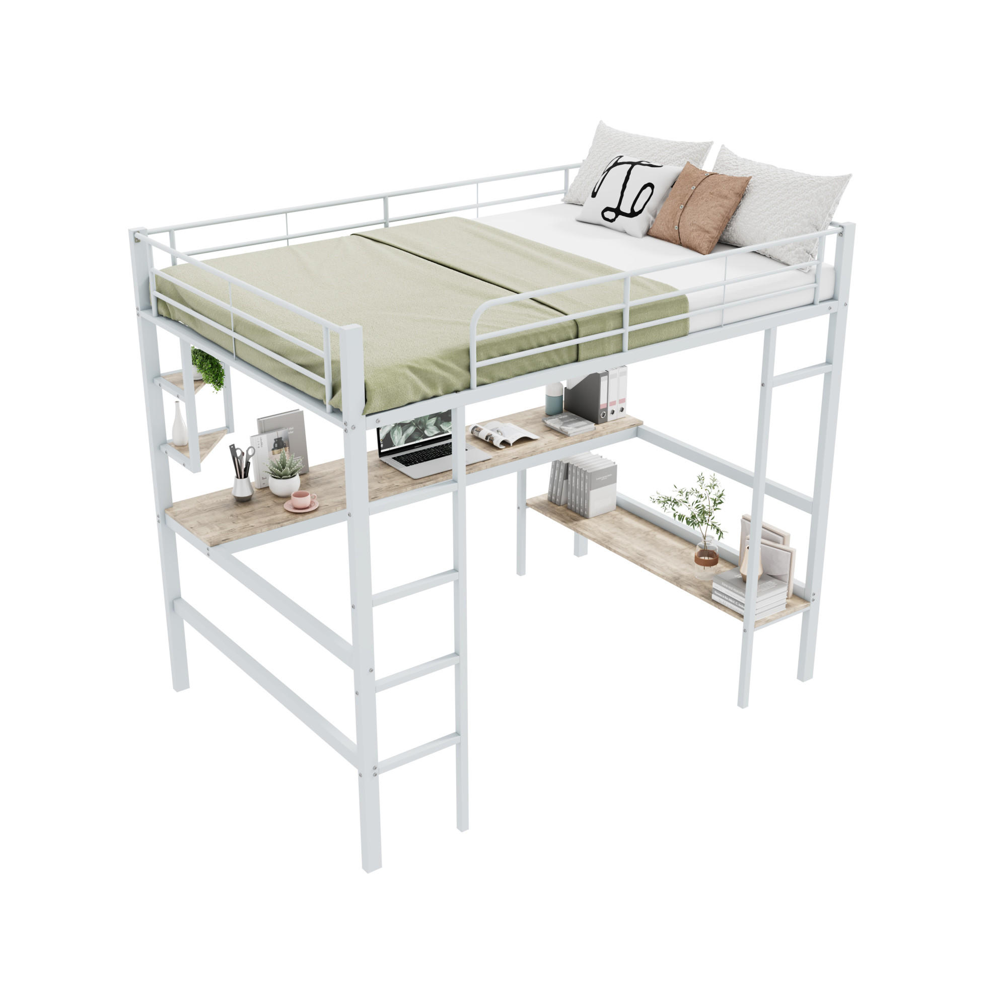 HOCHBETT 140/200 cm Weiß aus Metall und MDF mit Schreibtisch - Weiß, Metall (140/200cm) - OKMYHOME