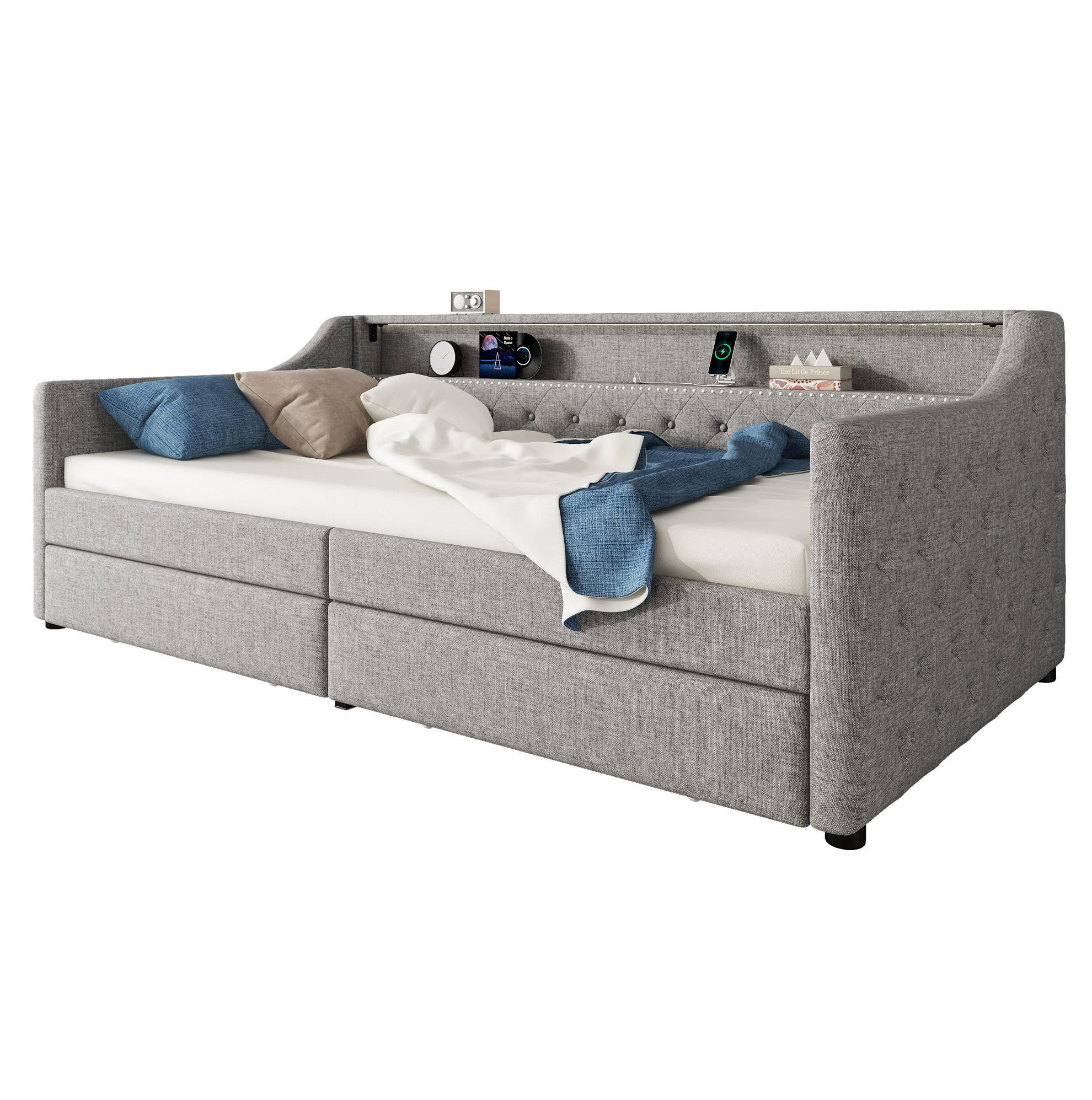 BETT 90/200 cm Grau mit 2 Schubladen, USB-Anschluss und LED-Beleuchtung - Grau, Textil (90/200cm) - Flora Grace