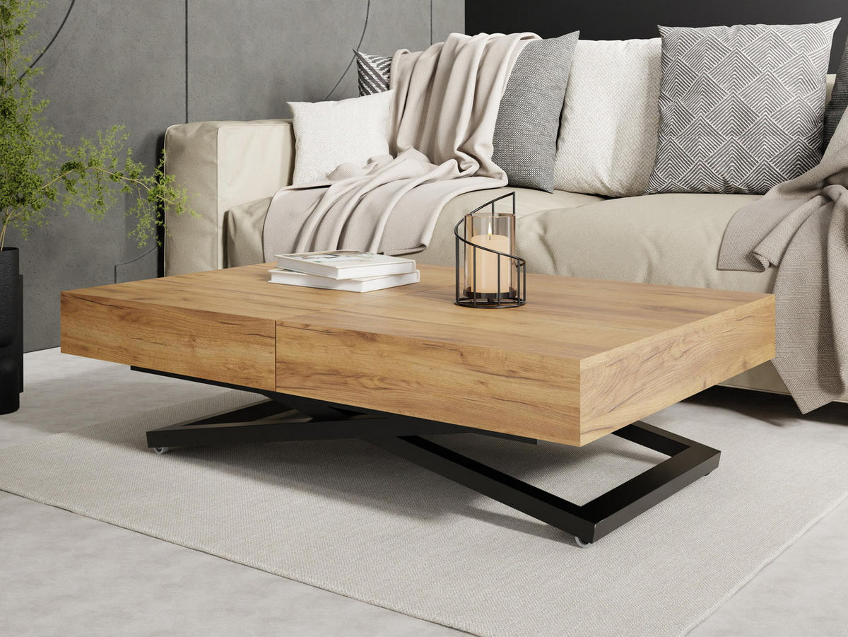 COUCHTISCH Cavetta X höhenverstellbar ausziehbar, Craft Eiche 120-200/80/27-76 cm - Eiche Wotan/Schwarz, Holzwerkstoff/Metall (80/200/76cm) - WFL GROUP