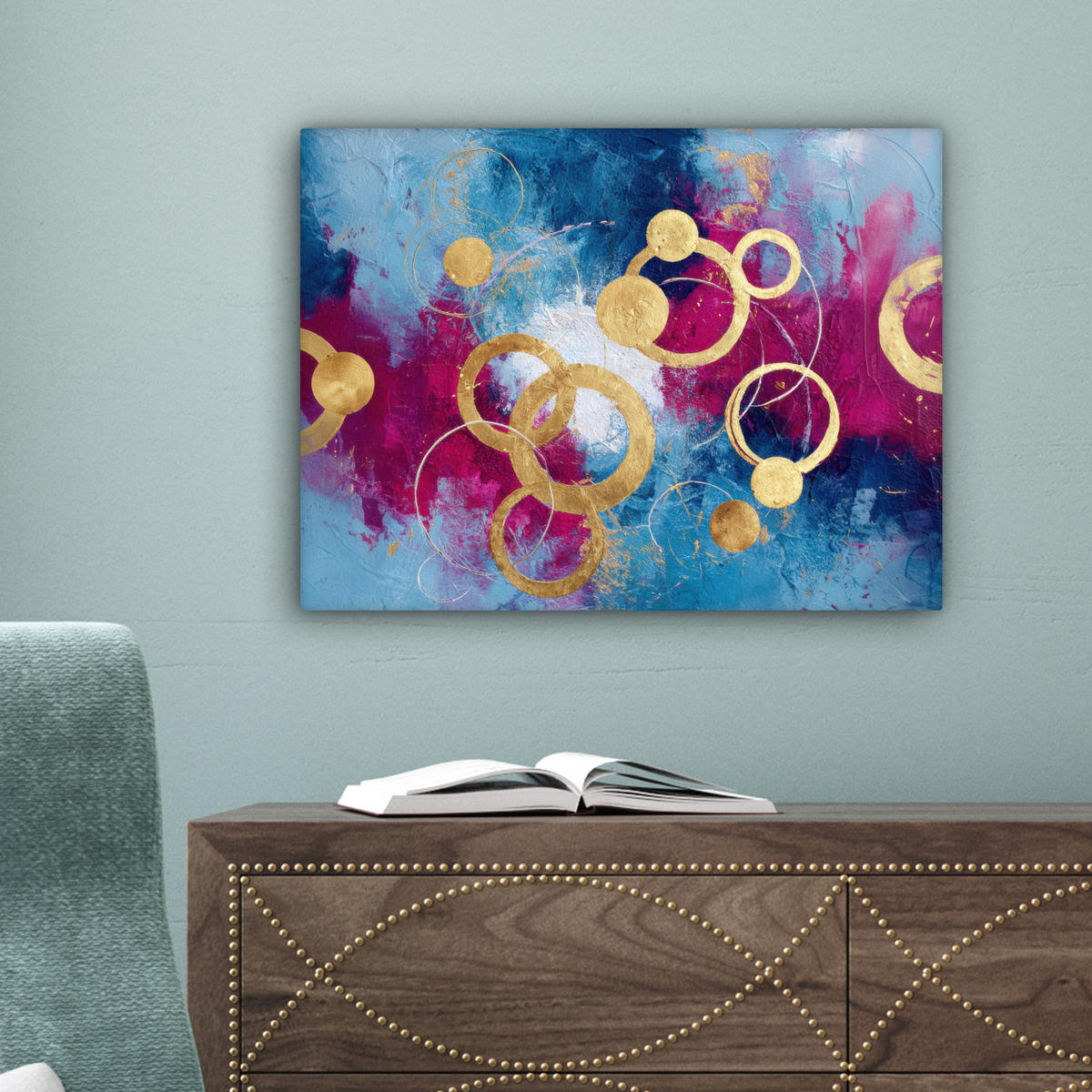 LEINWANDBILD Kreise - Gold - Abstrakt Wandbild 40x30 cm - Blau, Textil (40/30cm) - MuchoWow