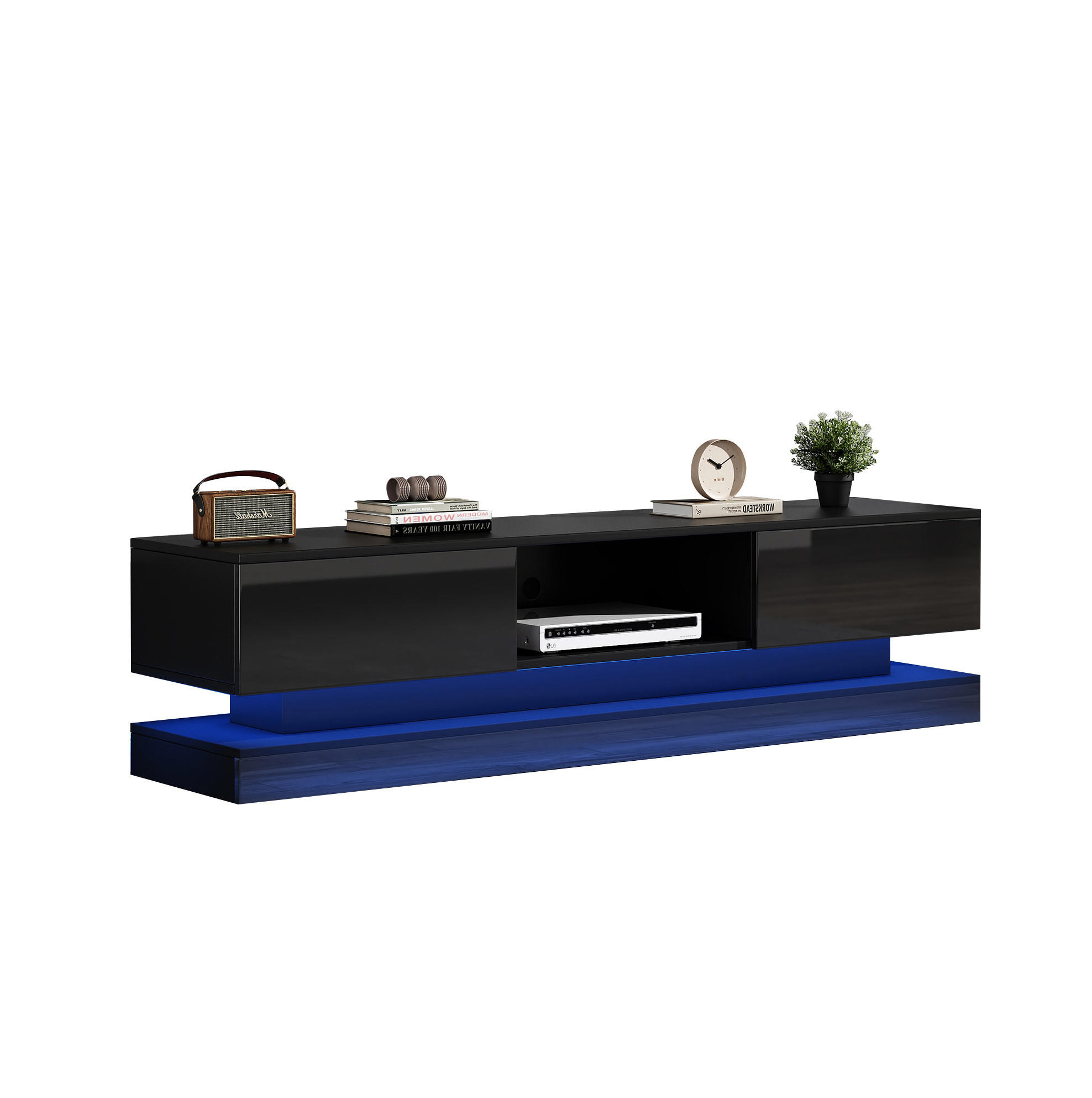 TV-SCHRANK 160/35/40,5 cm schwarz Hochglanz mit LED-Beleuchtung 2 Schubladen Anti-Kipp-Design - Schwarz, Holzwerkstoff (160/40.5/35cm) - OKWISH