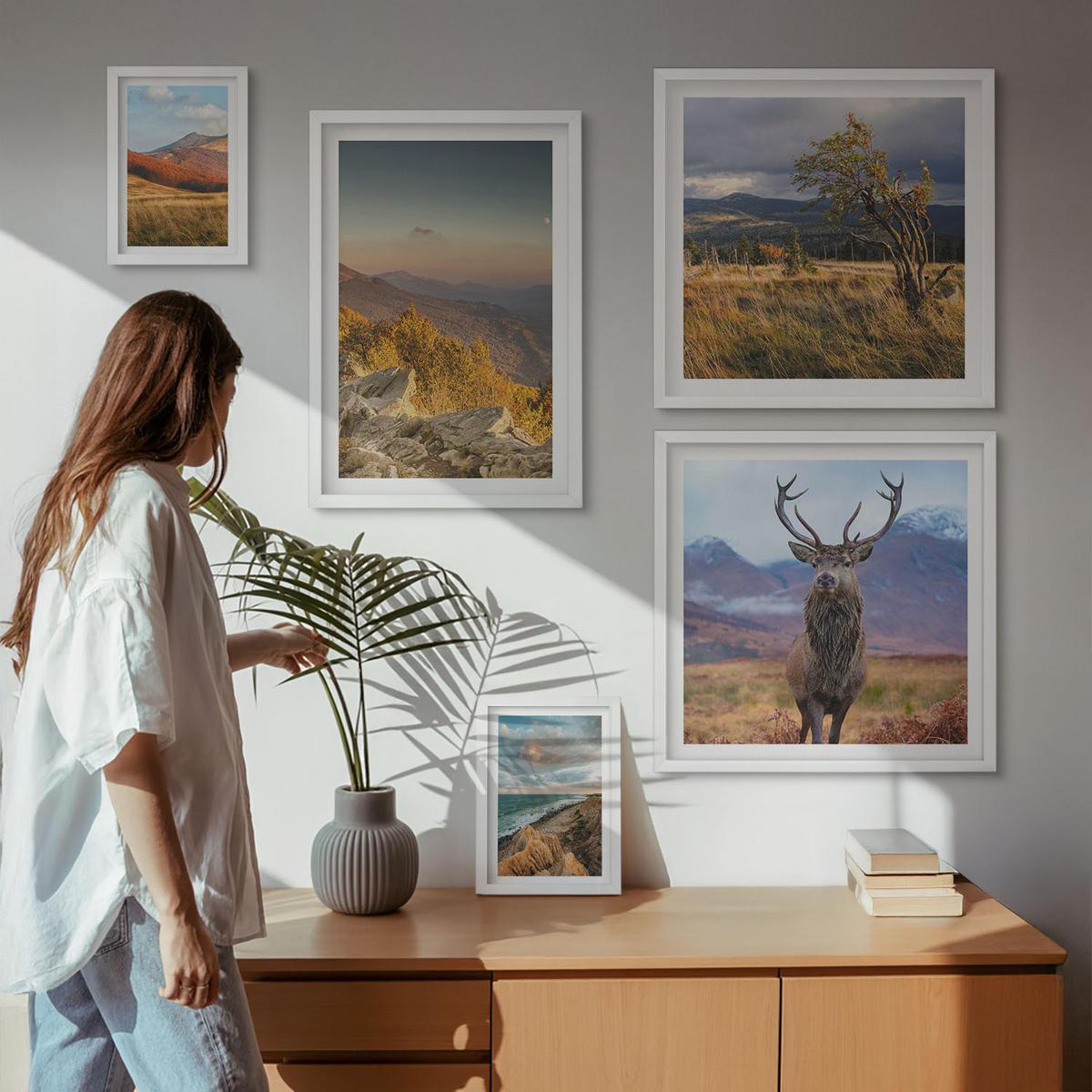 WANDBILDER 5er-Set - 50x50 cm & 20x30 cm & 40x60 cm Weißer Rahmen - Berglandschaften, Hirschgras - Weiß, Kunststoff (40/60cm) - ArtPrintCave