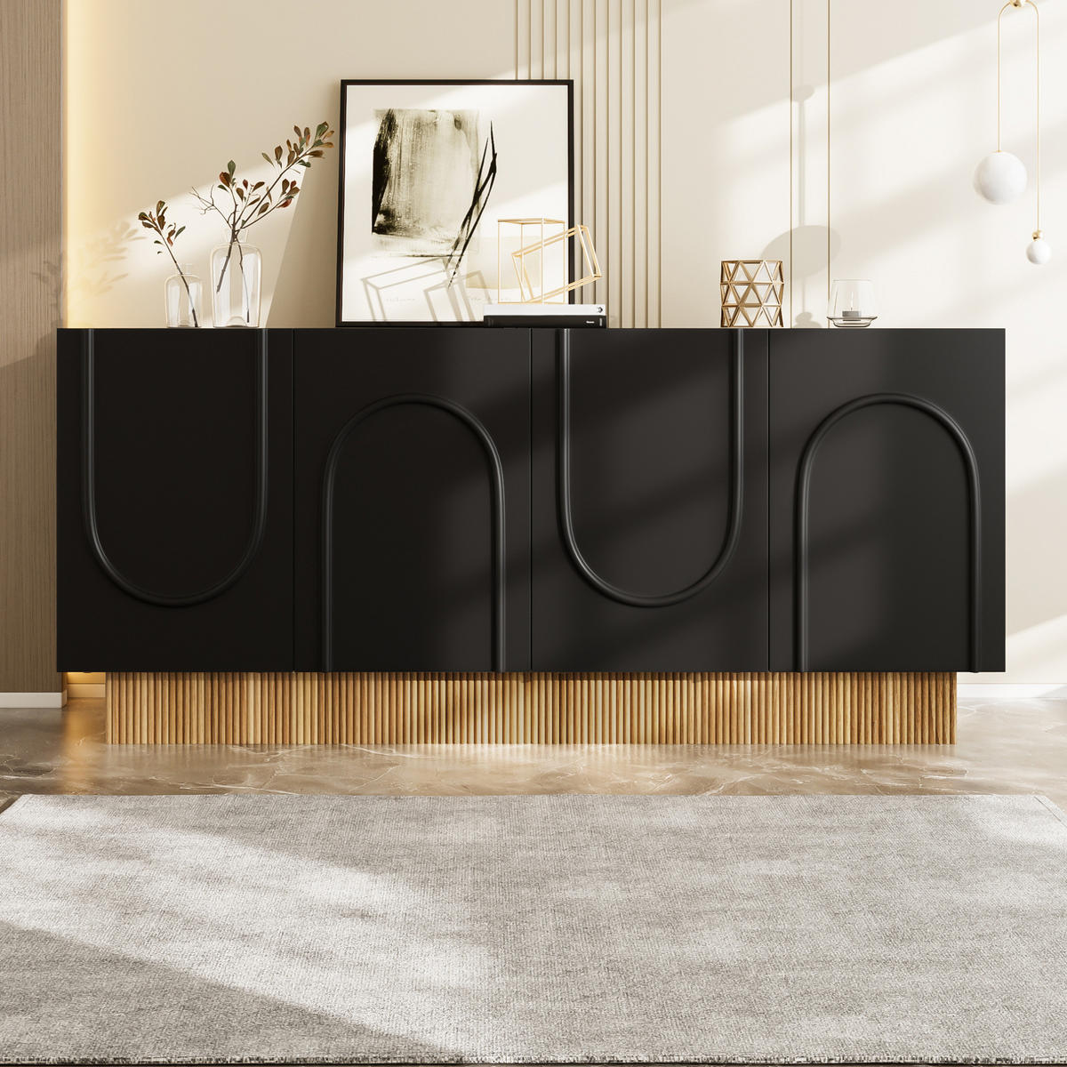 SIDEBOARD aus Spanplatte 160x38x75 cm Schwarz/Holzoptik mit 4 Türen und Stauraum - Schwarz, Holzwerkstoff (160/75/38cm) - IVMEU