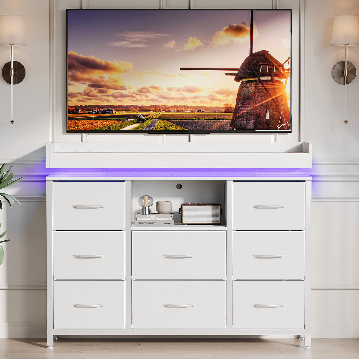 KOMMODE 8 Stoffschubladen, LED, Steckdose, stabil, Stahlrahmen, Anti-Kipp, weiß - Weiß, Textil (108/82/30cm) - EuroLiving