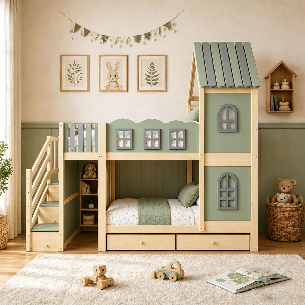 ETAGENBETT 90/200 cm in Grün/Grau/Naturholz mit Stauraumleiter, Schubladen und Regalen - Grün, Holz/Holzwerkstoff (90/200cm) - WISHDOR