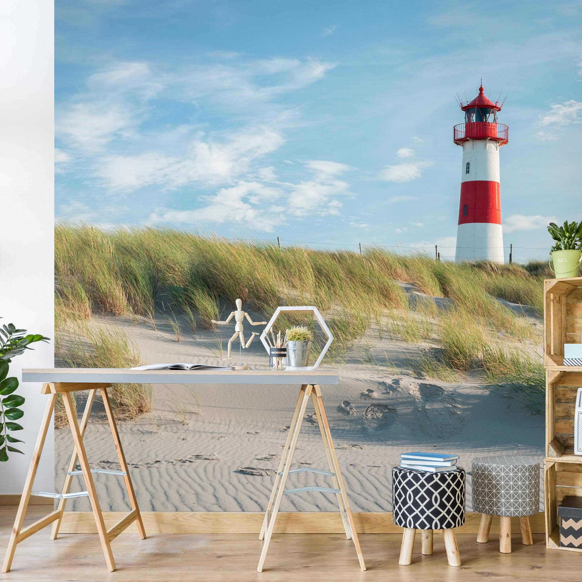 FOTOTAPETE Leuchtturm an der Nordsee 288/288 cm - Blau, Papier (288/288cm) - Bilderwelten