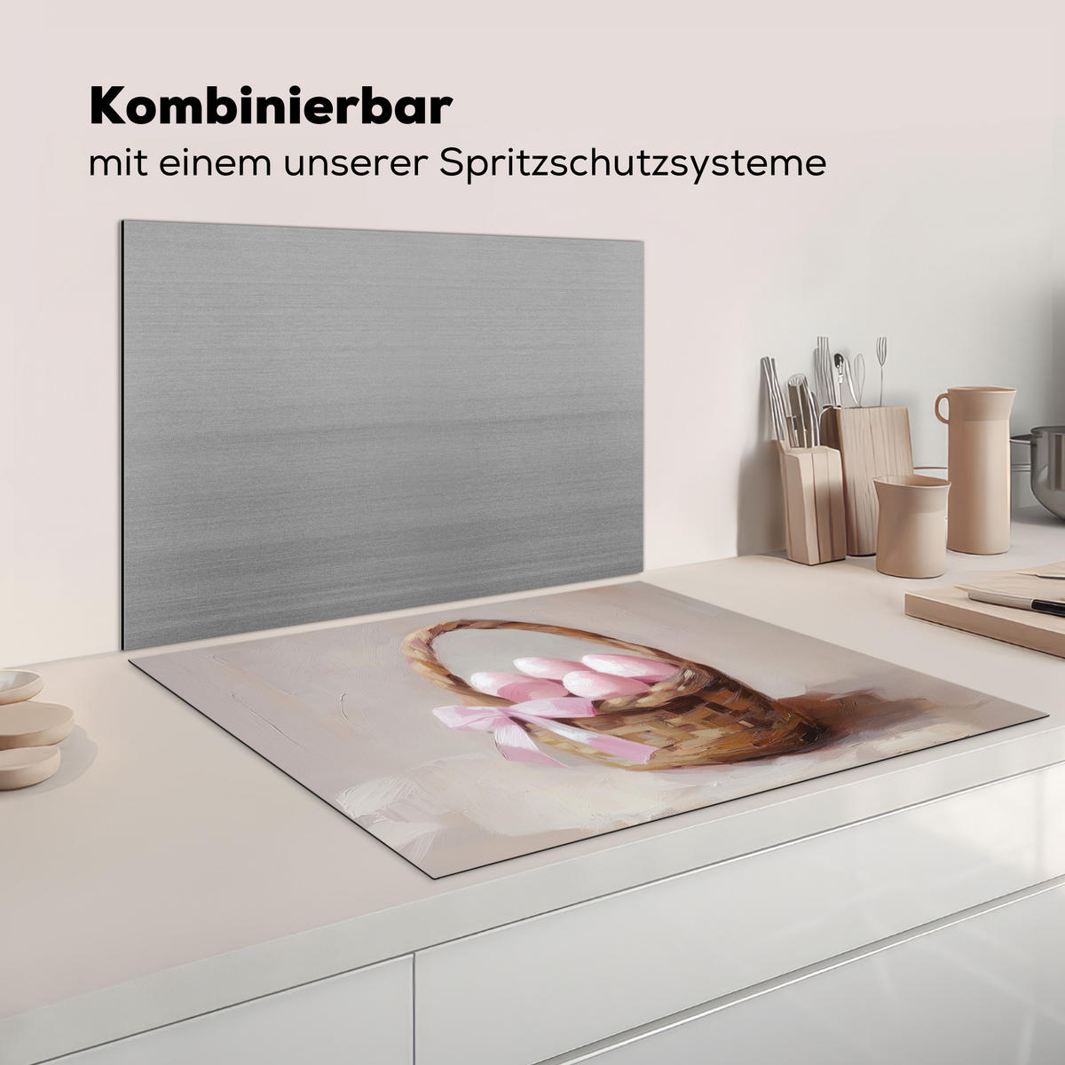 HERDABDECKPLATTE Korb - Eier - Rosa Induktionsmatte 77x59 cm - Beige, Kunststoff (77/59/0.2cm) - MuchoWow