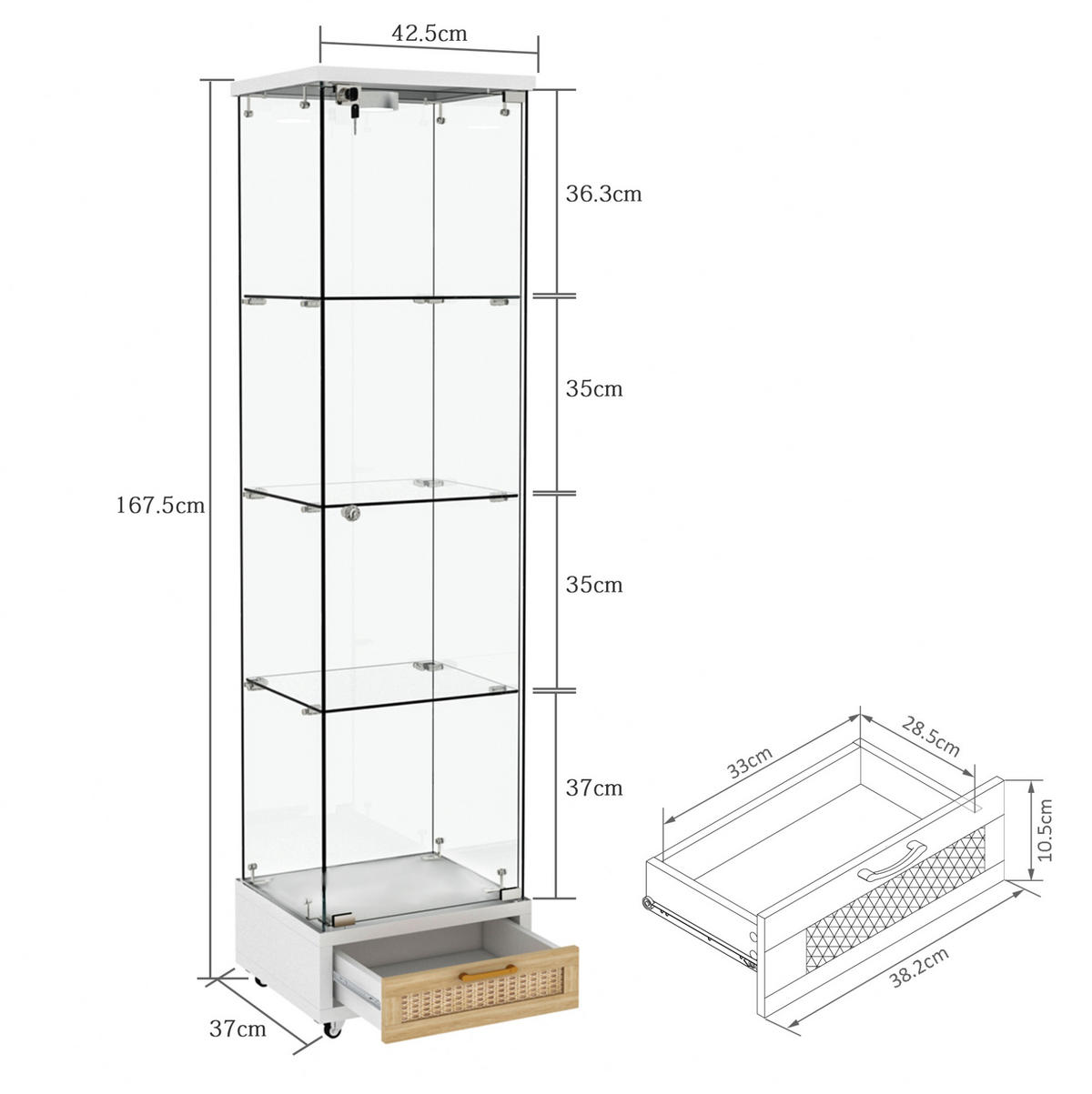 VITRÍNA 167/42,5/36,5 cm, MDF a sklo, biela, s LED osvetlením - biela, kompozitné drevo (42.5/167/36.5cm) - BEAOK
