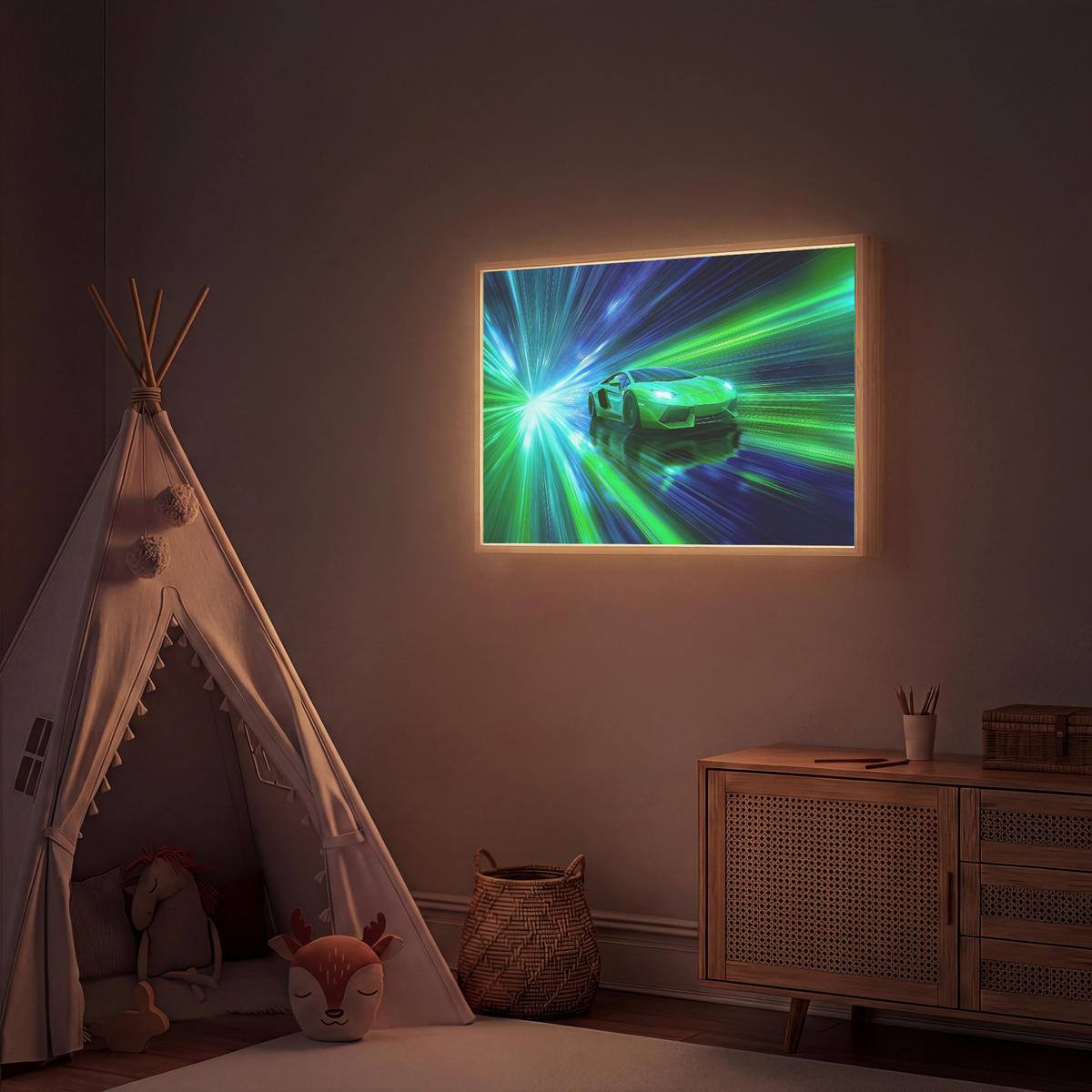 DOBÍJECÍ NOČNÍ LAMPIČKA Rychlost - Lehké - Sportovní vůz - Zelená 100x70 cm - zelená barva, kompozitní dřevo (8/100/70cm) - OnlyWow